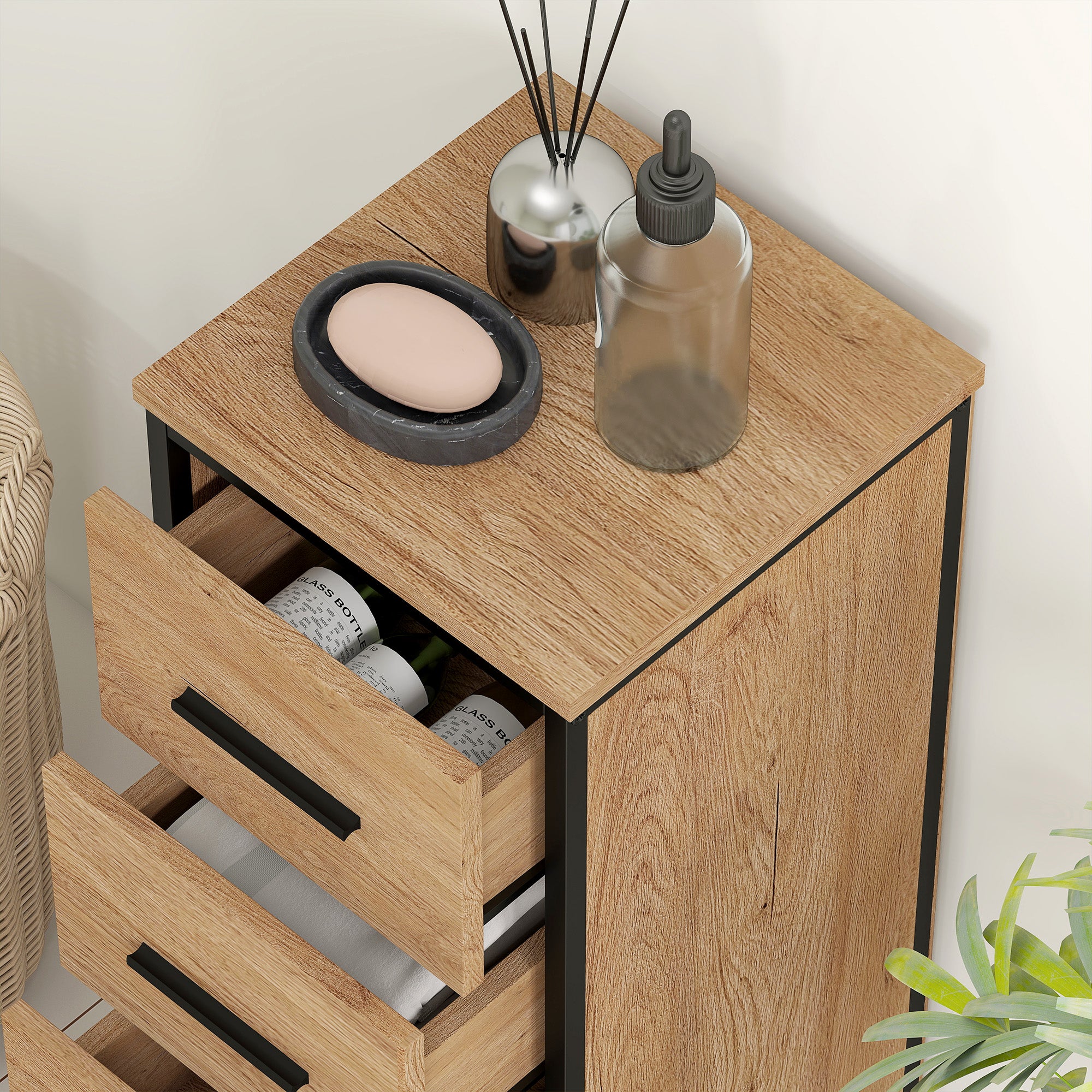 HOMCOM Narrow Bathroom Storage Cabinet with 4 Drawers - Oak