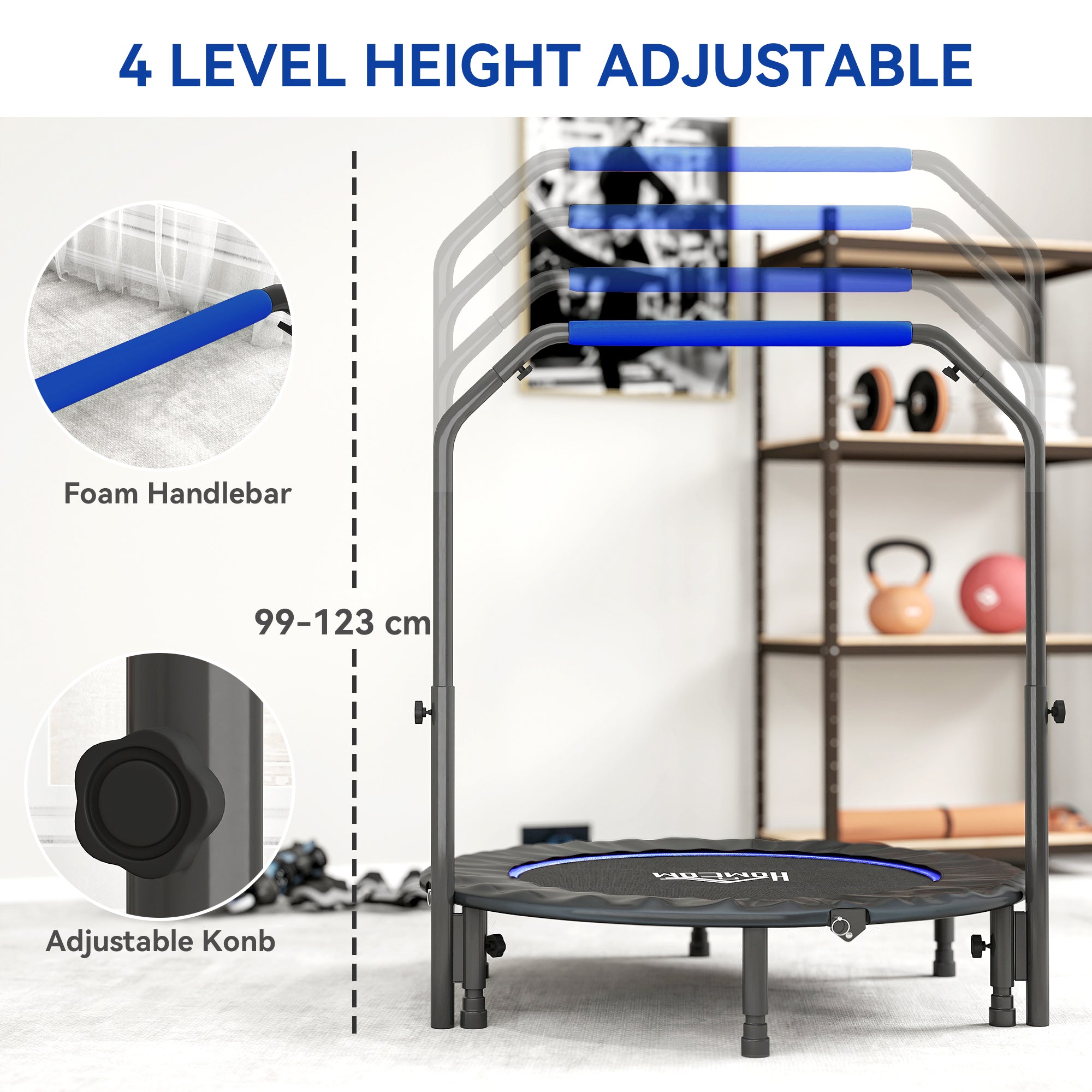 HOMCOM 45" Foldable Mini Fitness Trampoline, with Adjustable Foam Handle, Blue