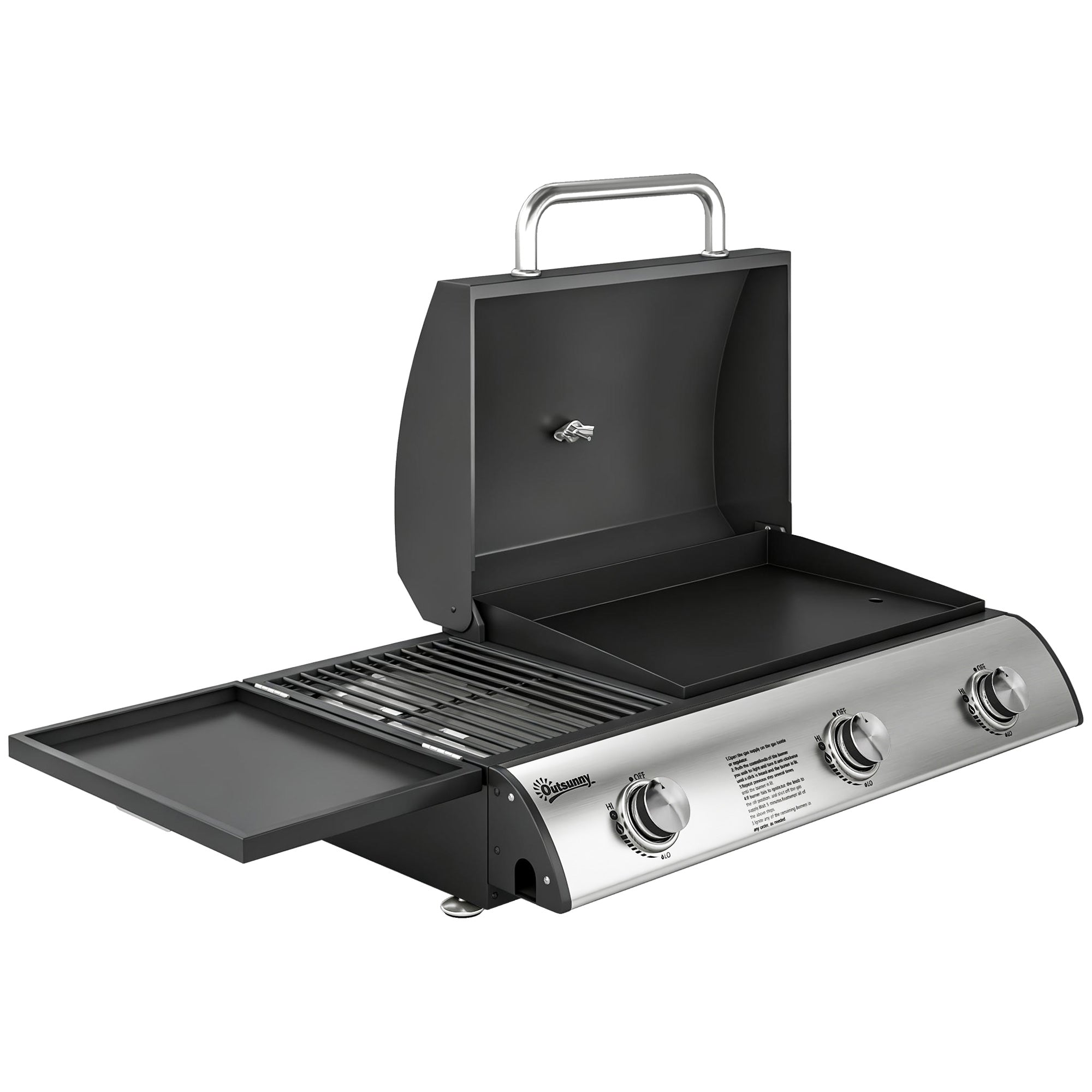 Outsunny 3 Burner Portable Gas Plancha BBQ Grill, 8.1 kW Outdoor Tabletop Gas Barbecue Grill with Griddle, Thermometer,, Black