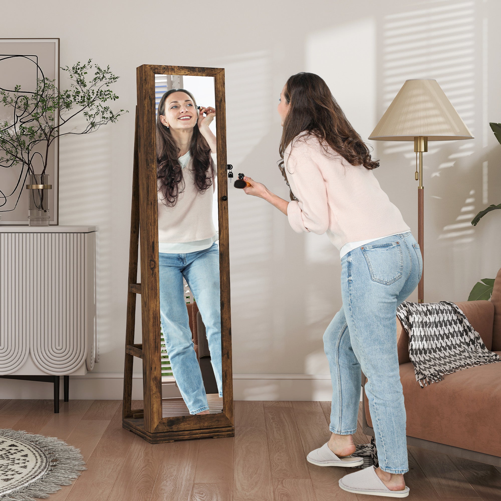 HOMCOM 360√Ç¬∞ Swivel Jewellery Cabinet, Free Standing Full Length Mirror with Storage, Lockable Jewellery Organiser with Built-in Makeup Mirror and Storage Shelves for Bedroom, Rustic Brown