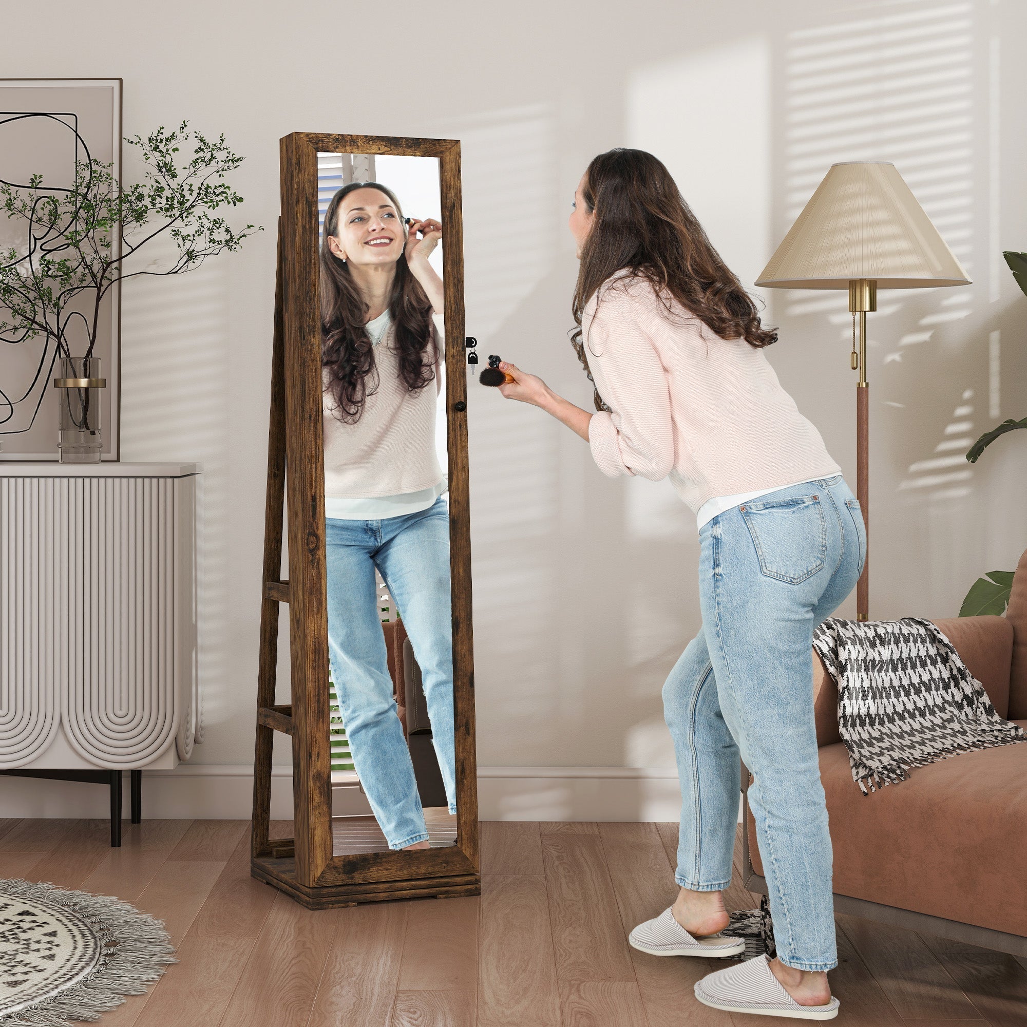 HOMCOM 360  Swivel Jewellery Cabinet, Free Standing Full Length Mirror with Storage, Lockable Jewellery Organiser with Built-in Makeup Mirror and Storage Shelves for Bedroom, Rustic Brown