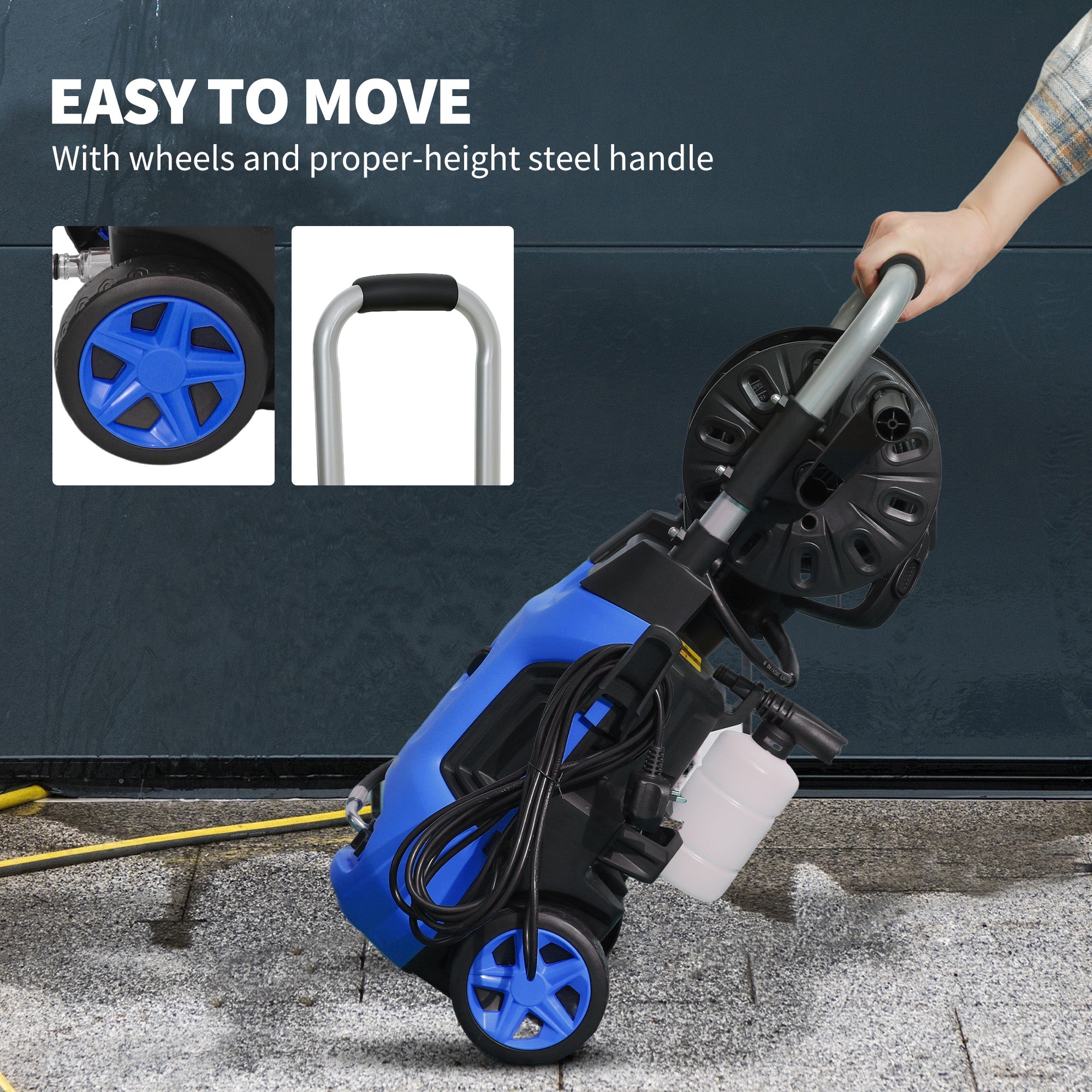 Outsunny 1800W High√Ç Pressure√Ç Washer, 150 Bar Pressure, 420 L/h Flow, Portable Power Washer Jet Wash Cleaner with Adjustable Nozzle, 6M Hose, Hose Reel, Steel Handle for Home Patio Car Driveway, Blue
