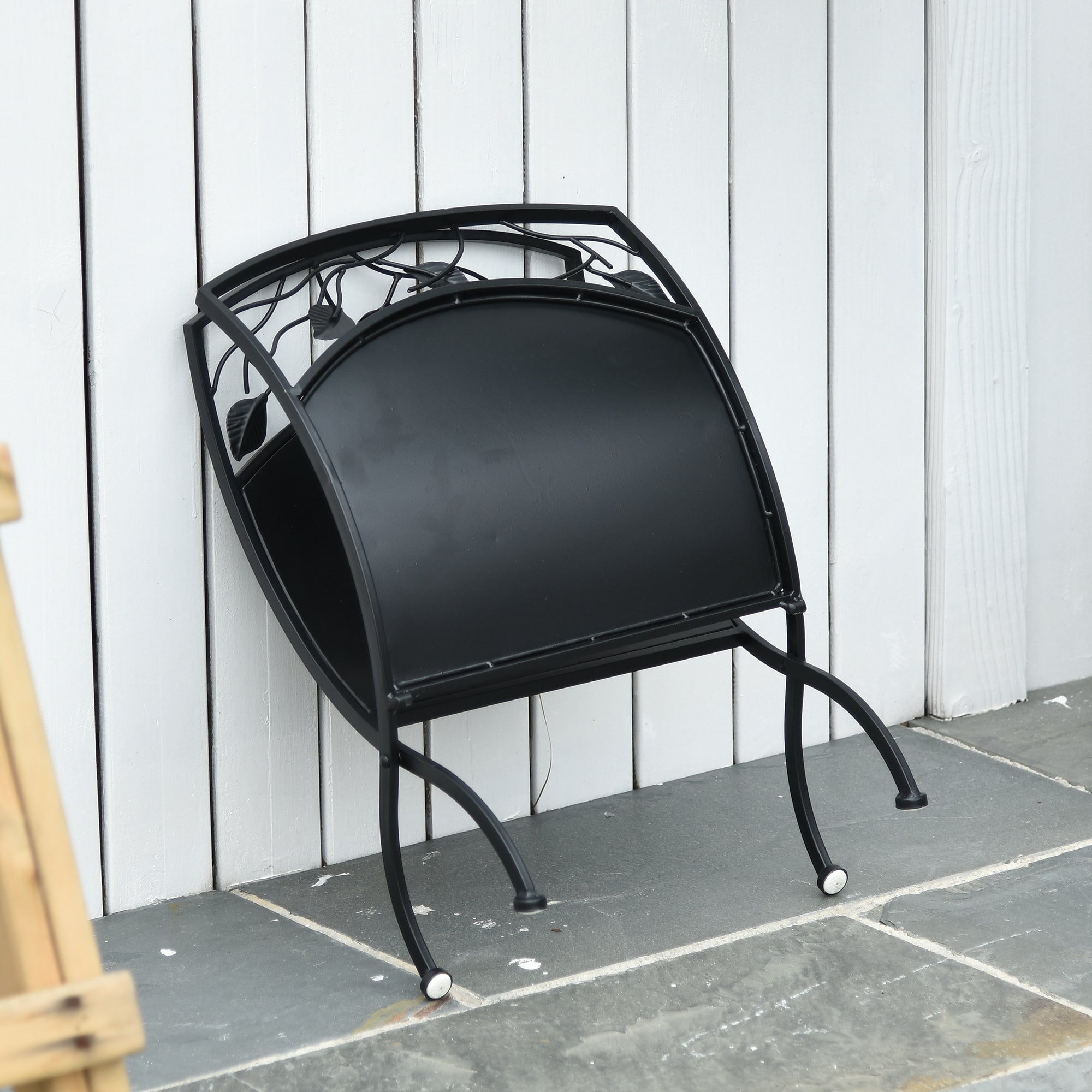 Outsunny Metal Arced Firewood Log Holder Indoor Outdoor Folding Firewood Rack Fireplace Wood Storage Shelf w/ Leaf Pattern Design, Black, 43.5W x 36.5D x 41H cm