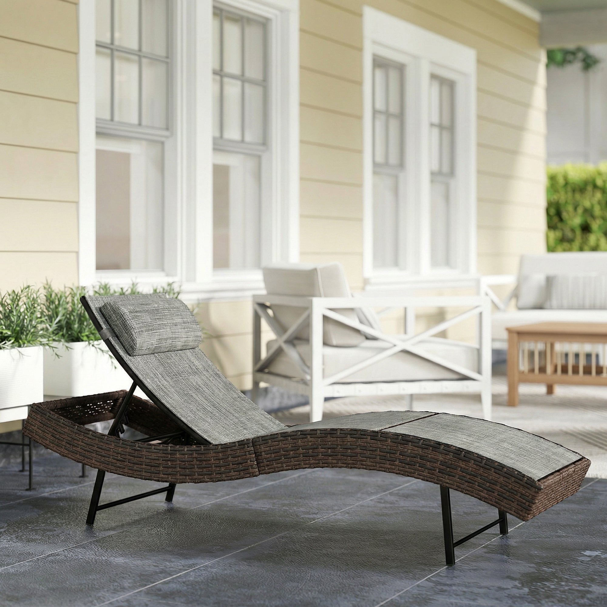 Outsunny Rattan Sun Lounger, Garden Recliner with 5 Position Adjustable Back, S Shaped Texteline Seat, Headrest, Brown