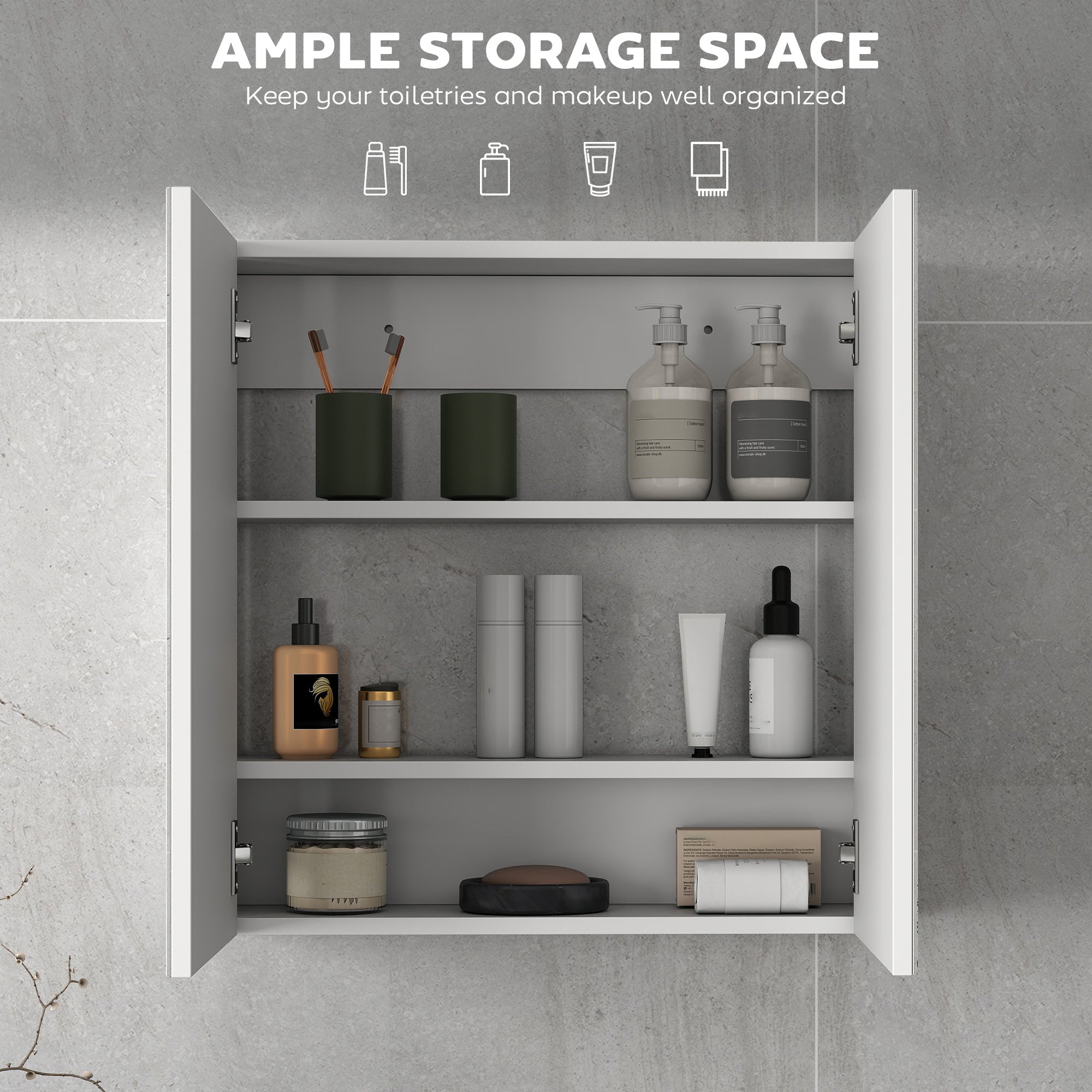 HOMCOM 60 x 15 cm Double Door Bathroom Mirror Cabinet - White