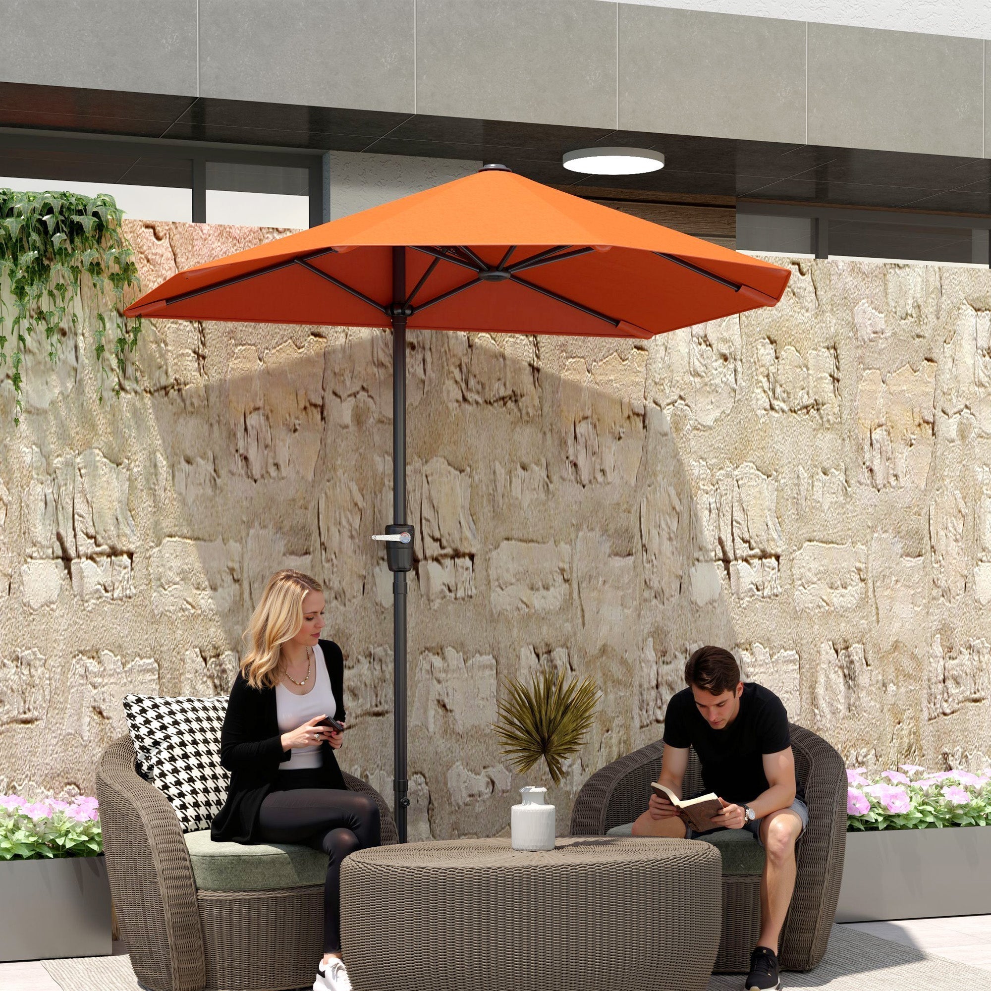 Outsunny 2m Half Parasol Umbrella - Orange