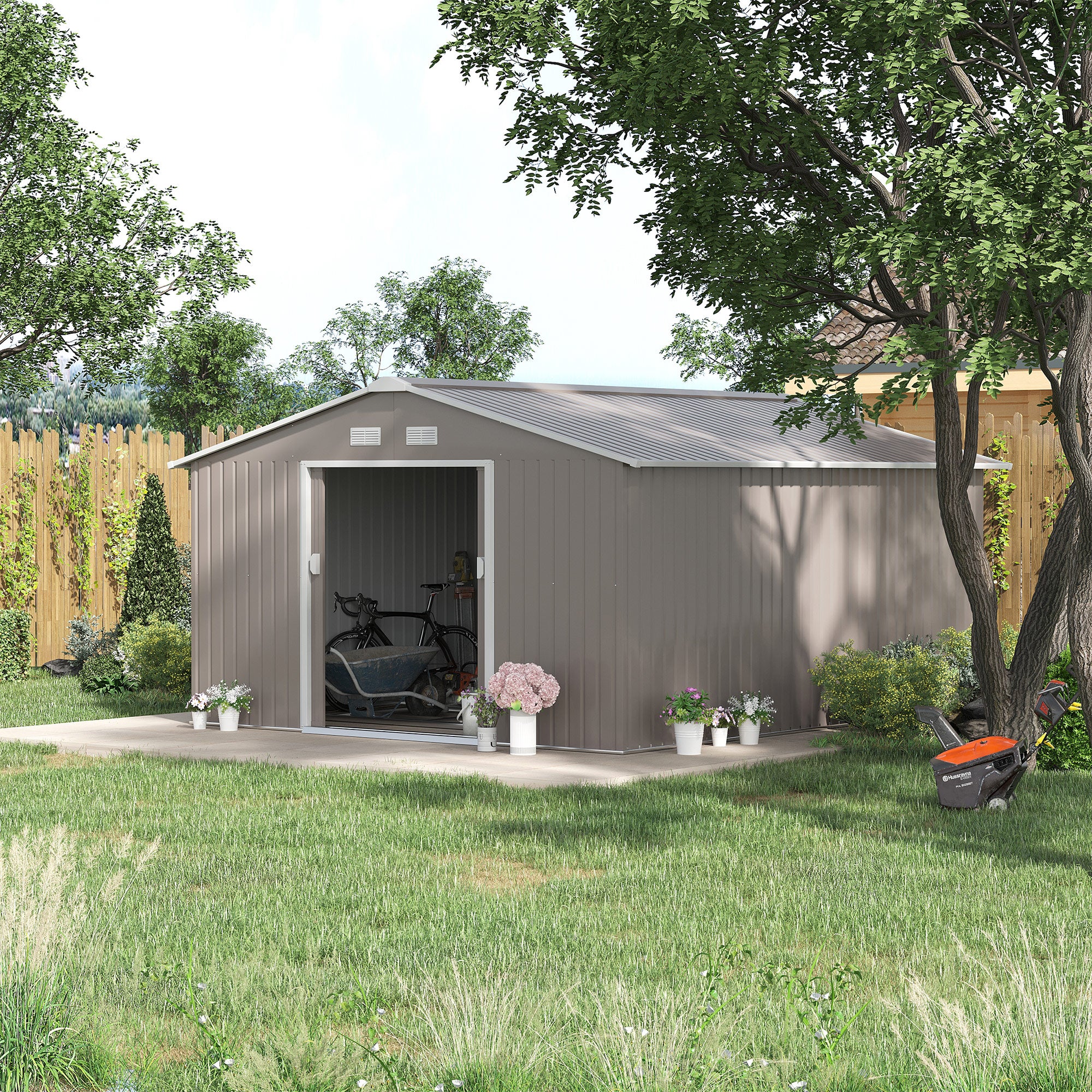 Outsunny 13 x 11ft Large Garden Shed, Mental Garden Storage Shed with Foundation Kit Ventilation & Doors, Light Grey