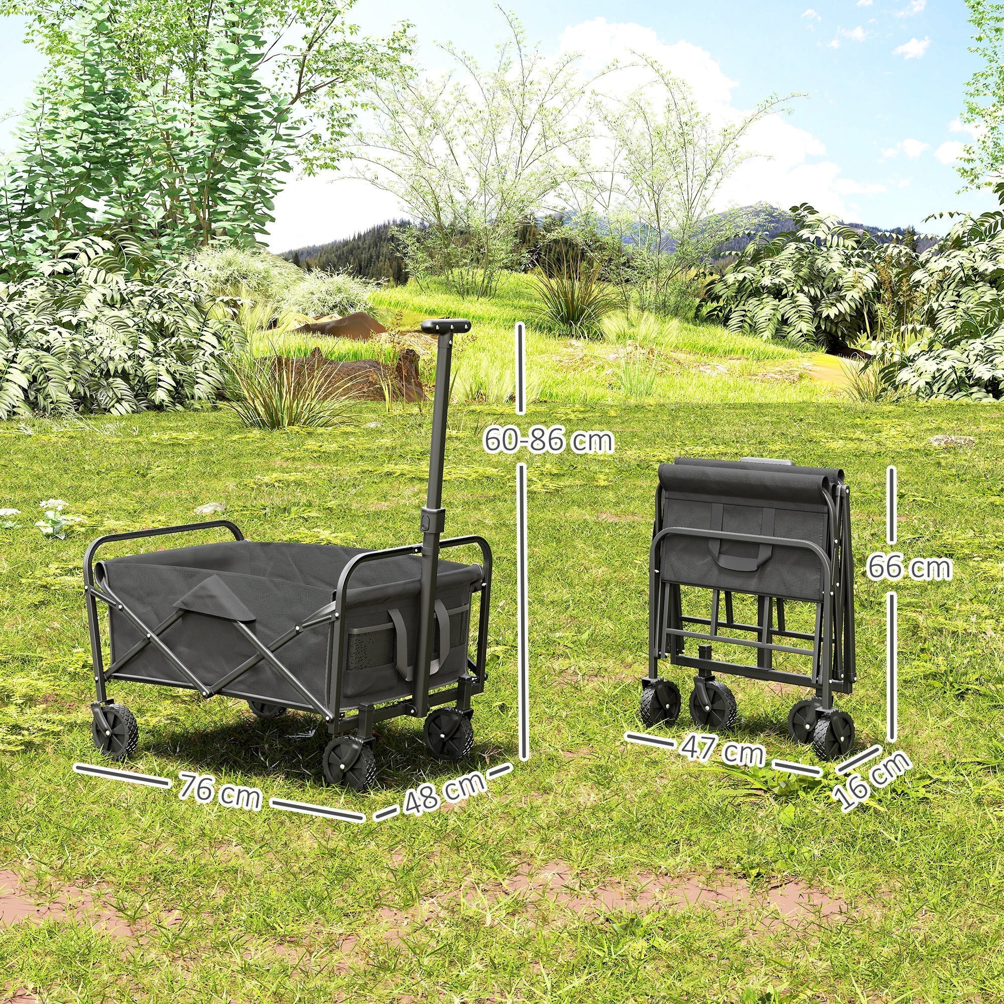 Outsunny 62L Festival Trolley on Wheels, Garden Folding Trolley Cart, 120kg Heavy Duty Collapsible Folding Wagon with Adjustable Handle and Carrying Bag for Beach, Camping, Festival, Grey