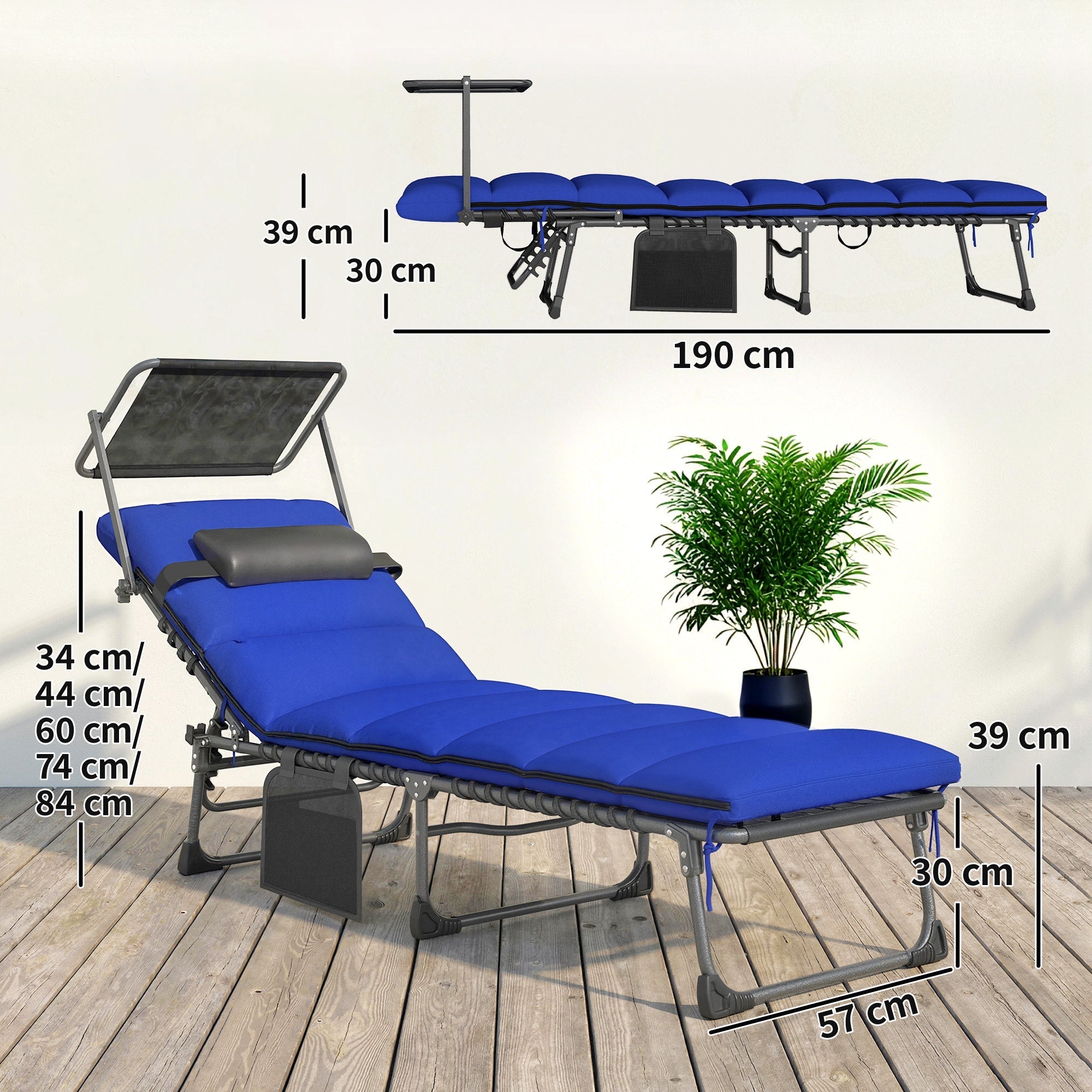 Outsunny Folding Sun Loungers Set of 2 with Canopy, Reclining Sunbed with Cushion, Side Pocket, Carrying Handle, Dark Blue