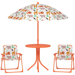 AIYAPLAY Kids Patio Set, Children Table and Chair Set, Outdoor Picnic Table with 2 Folding Chairs and Umbrella, Orange