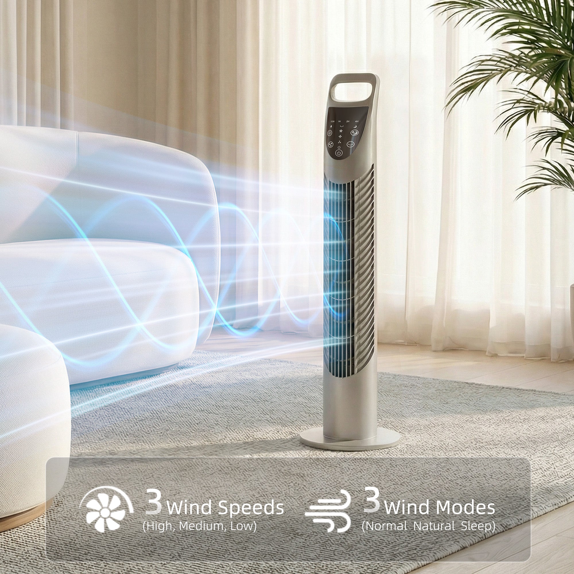 HOMCOM Tower Fan Oscillating 3 Speeds 3 Winds 40W w/ RC Timer Quiet - Grey