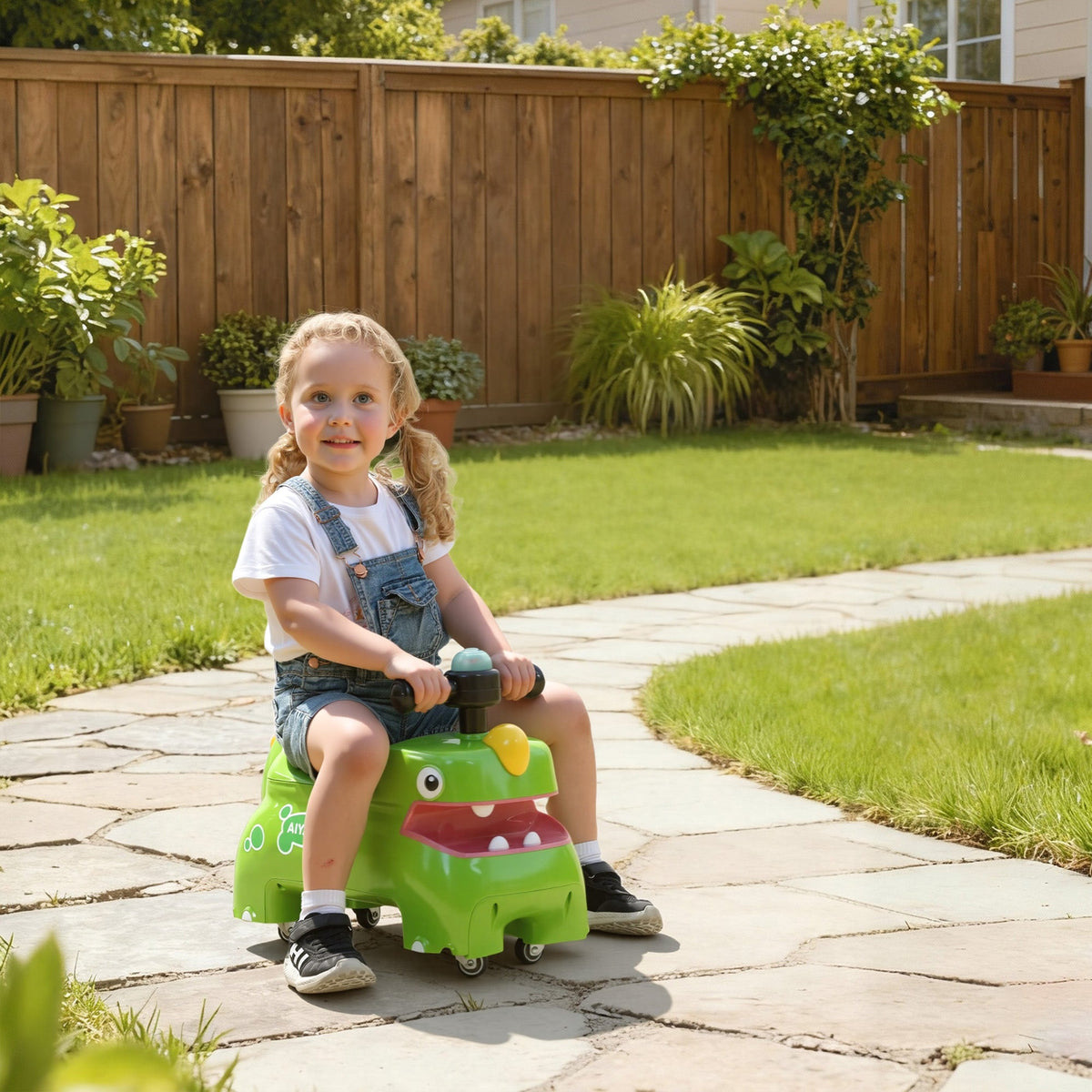 AIYAPLAY Kids Ride On Car, Dinosaur Foot to Floor Slider with Storage, Toddler Walker with Light, Sounds, Green