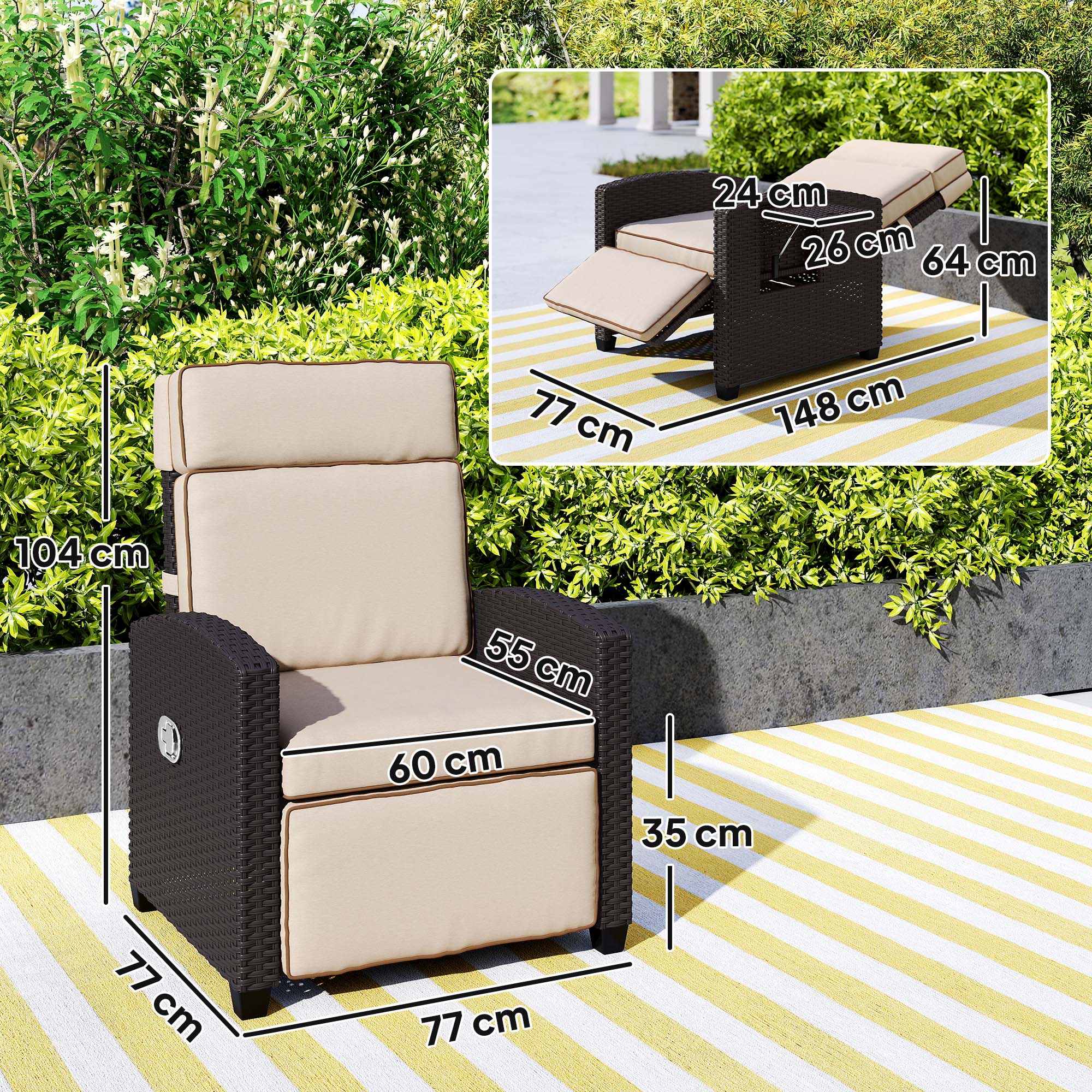 Outsunny 145√Ç¬∞ Reclining Rattan Armchair, with Footrest - Brown/Khaki