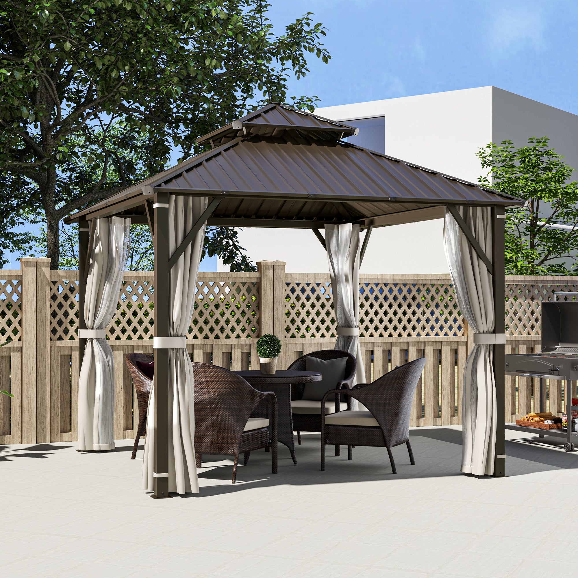 Outsunny 3 x 3(m) Hardtop Gazebo Canopy with Double Metal Roof, Waterproof Permanent Pavilion Garden Gazebo with Netting and Curtains, Easy to Assemble