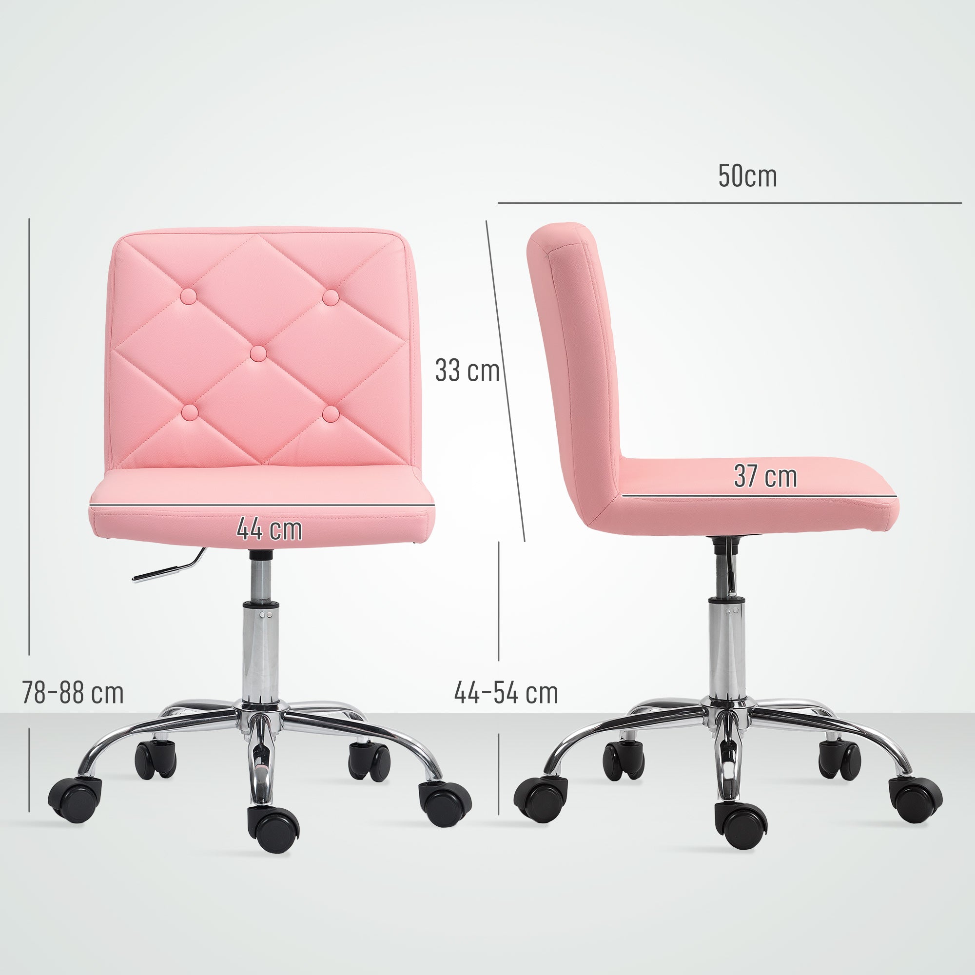 HOMCOM PU Leather Armless Office Chair, Modern Vanity Computer Swivel Chair with Rolling Wheels and Adjustable Height for Home Study, Bedroom, Pink