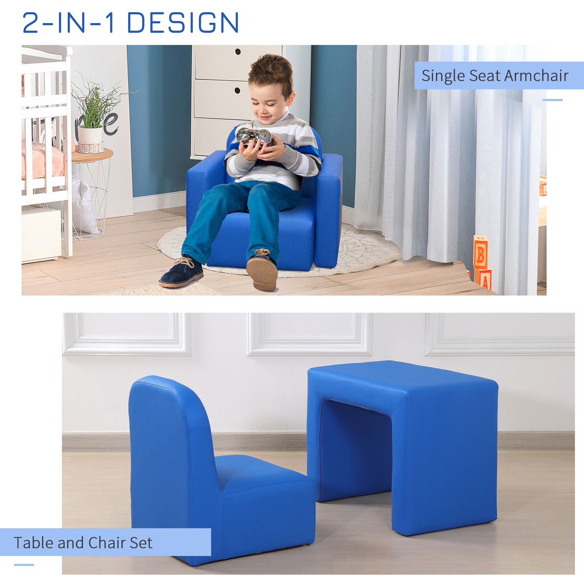 HOMCOM 2 In 1 Toddler Sofa Chair, 48 x 44 x 41 cm, for Game Relax Playroom, Blue