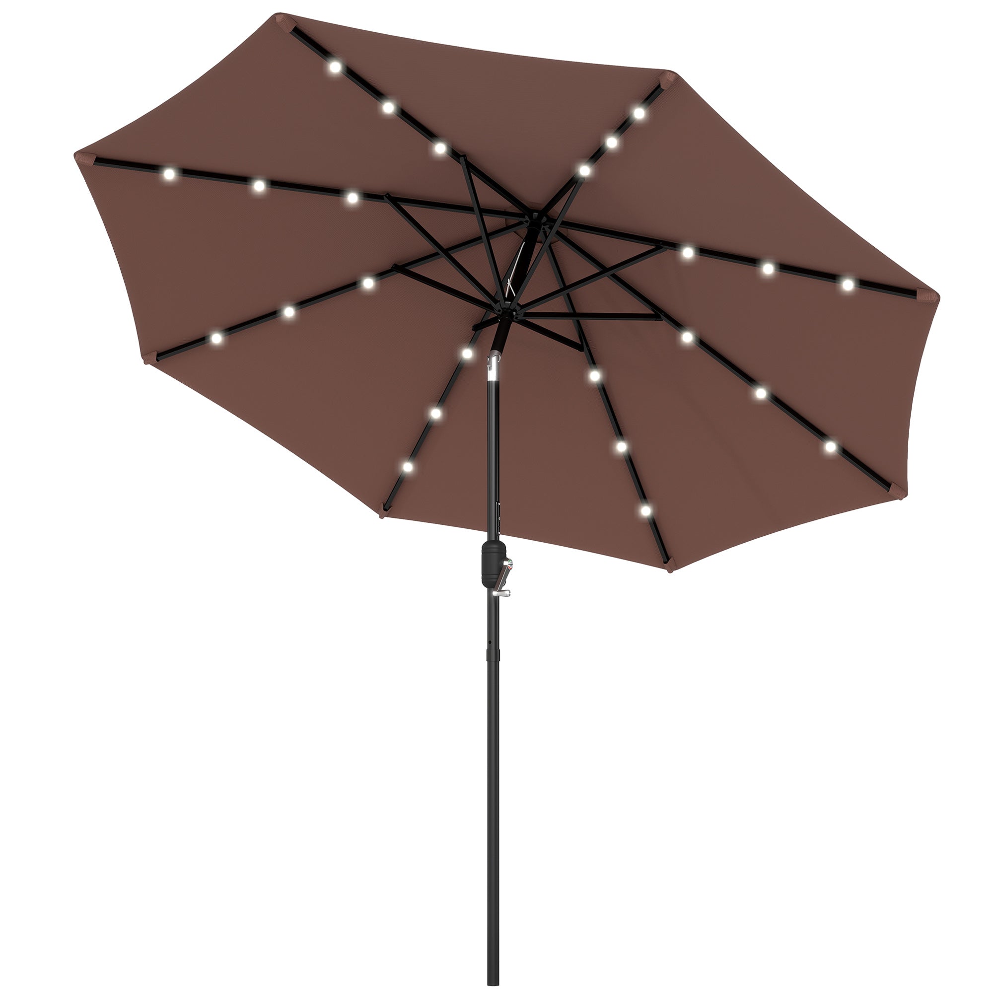 Outsunny 2.7m Garden 24 LED Light Parasol Solar Outdoor Tilt Sun Umbrella Patio Club Party Event Manual Sun Shade w/ Hand Crank and 8 Ribs, Brown
