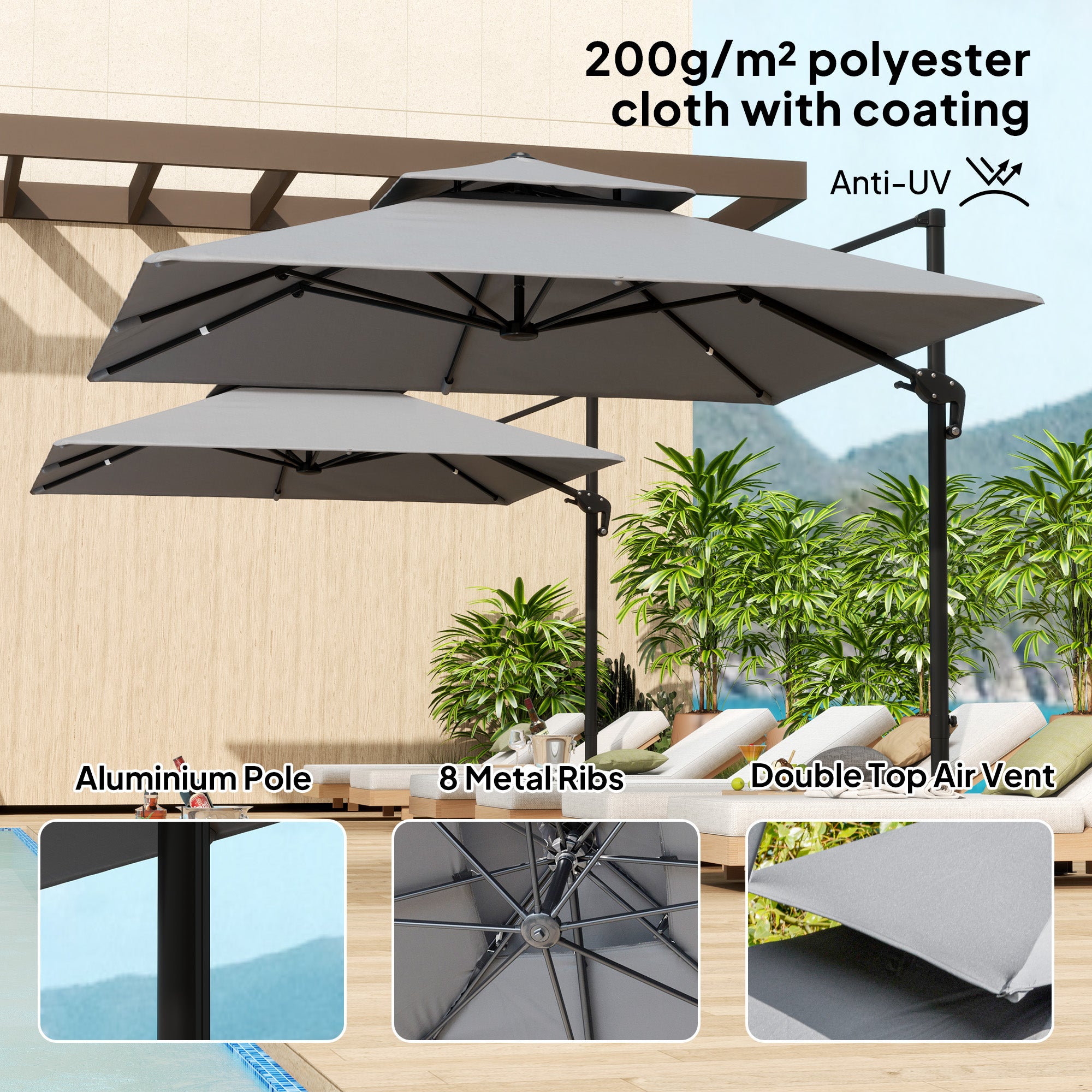 Outsunny 3 x 3(m) Cantilever Parasol with Aluminium Frame, Crank and Tilt, 360-Degree Rotation, Double Top Garden Umbrella with Cover (Only Cross Base), Light Grey