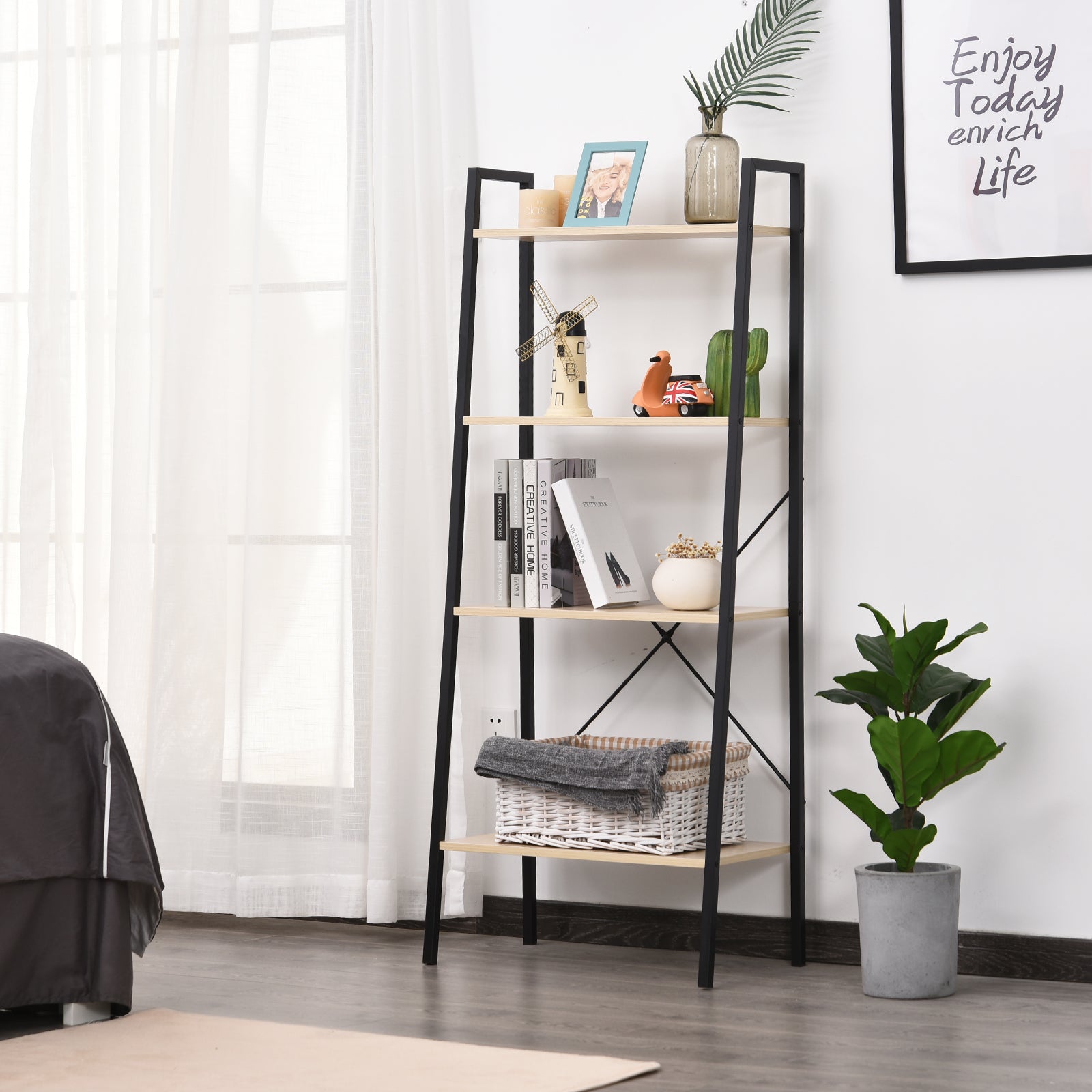 HOMCOM Ladder Shelf, Bookshelf, 4-Tier Industrial Storage Rack for Living Room, Bedroom, Kitchen, Oak and Black