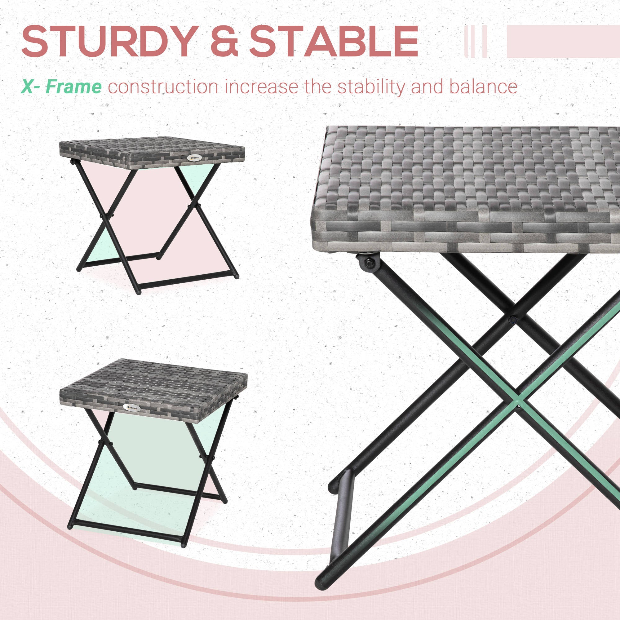 Outsunny Square PE Wicker Rattan Folding Table,Weather Resistant Wicker Weave Side Table with Steel Frame, Grey
