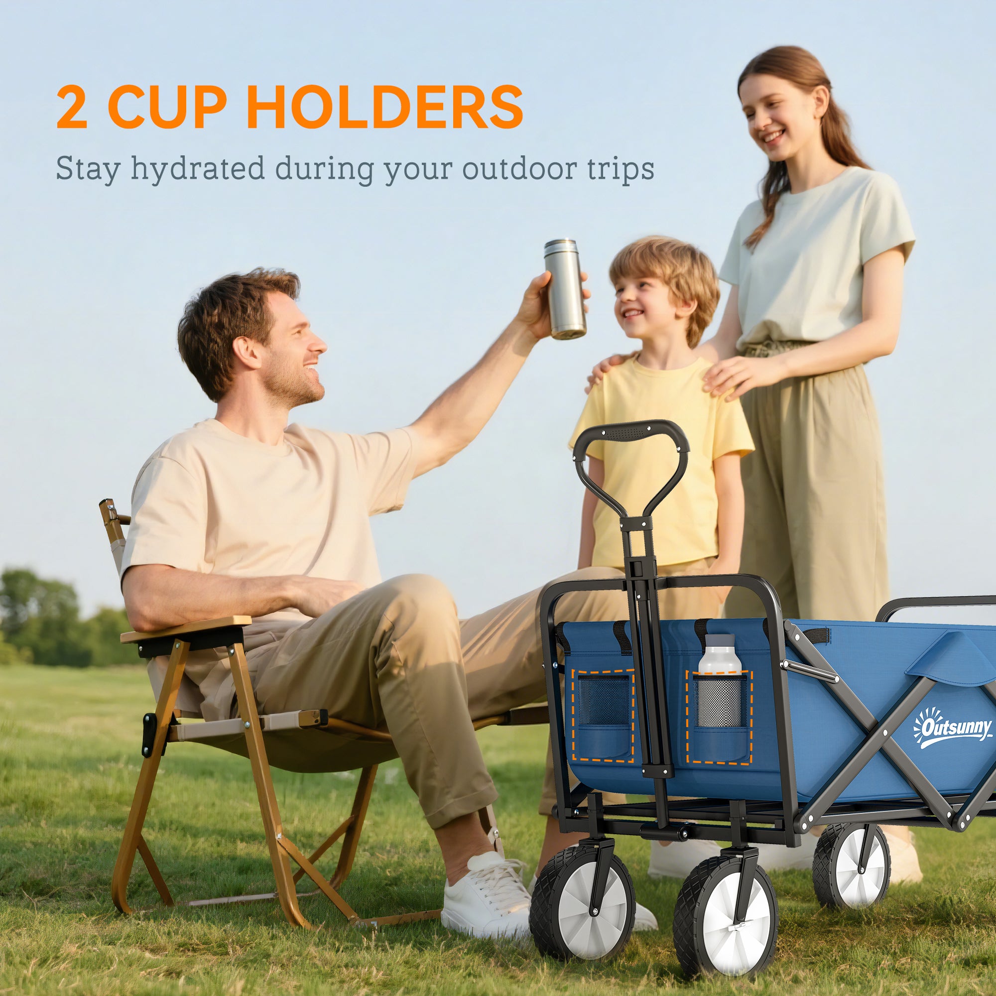 Outsunny 90L Festival Trolley on Wheels, Folding Camping Trolley Cart with Adjustable Handle, Portable for Outdoor, Garden, Shopping, Fishing, Navy Blue