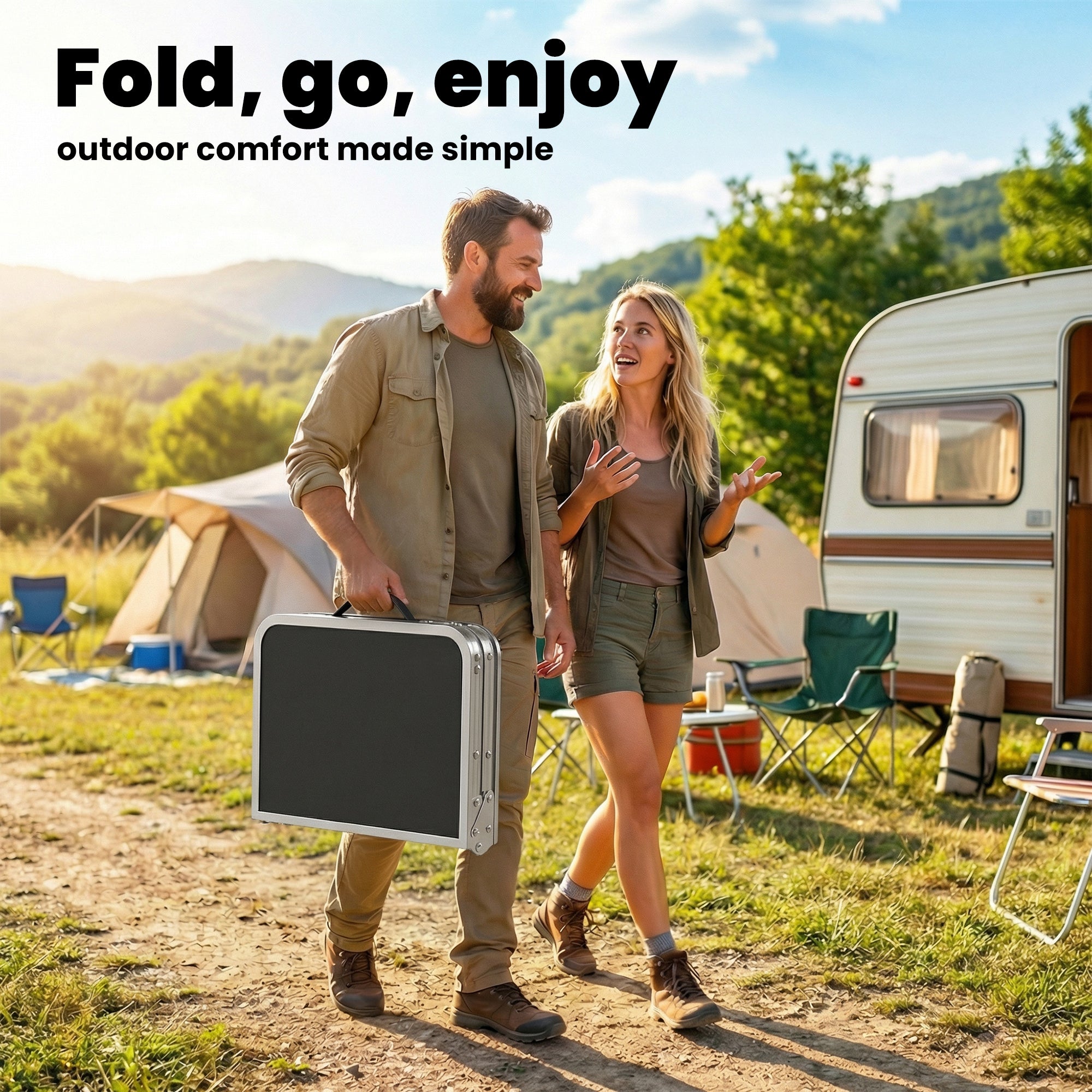 Outsunny 2ft Folding Camping Table, Picnic Table with Mesh Storage Layer, 4 Adjustable Heights and Carrying Handle, Black