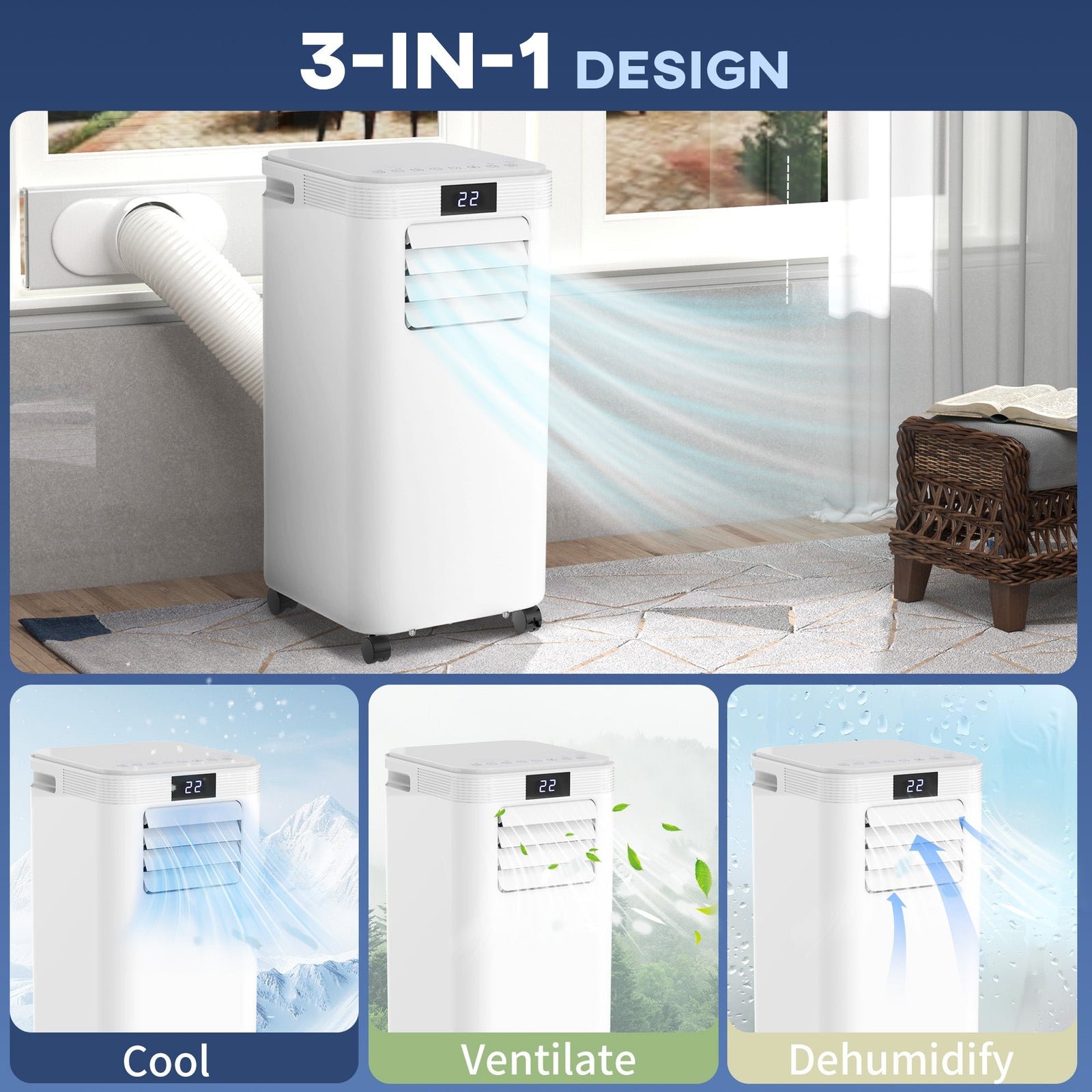 HOMCOM 8000 BTU Air Conditioning Unit, 3-in-1 Portable Air Conditioner, Dehumidifier, Cooling Fan with Remote Control, Digital Display, 2 Speeds, 24H Timer, Window Venting Kit, 18m²