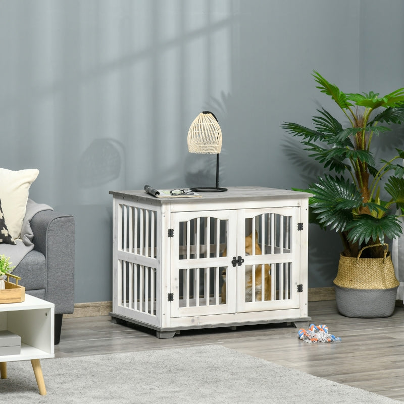 Wooden Dog Crate Furniture Pet Kennel Cage End Table for Small Medium Dogs, Indoor, White, 85.5 x 59.5 x 68 cm