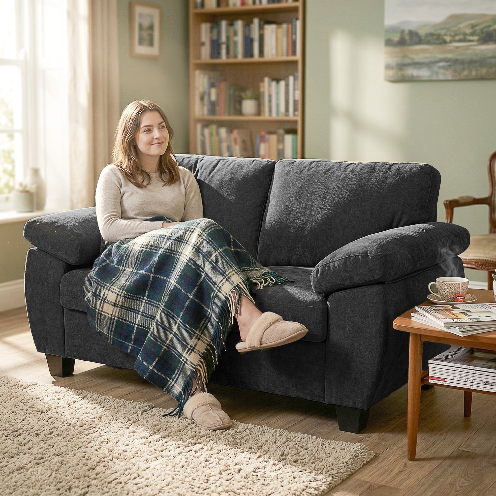 HOMCOM 2 Seater Sofa, 156cm Chenille Loveseat Sofa, Dark Grey