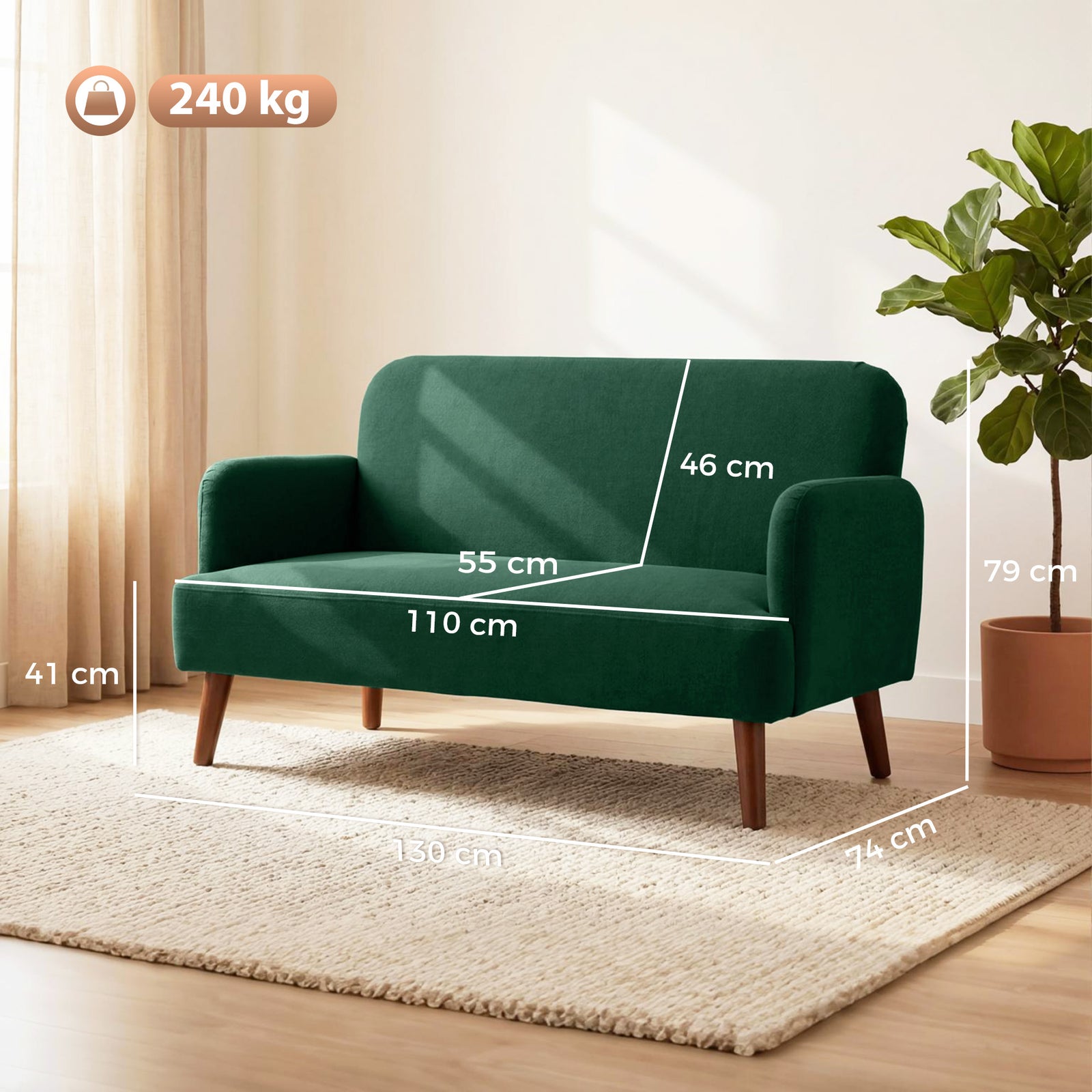 HOMCOM Velvet Feel Fabric 2 Seater Sofa, Small Sofa Loveseat with 21cm Thick Padding and Wood Legs, Dark Green