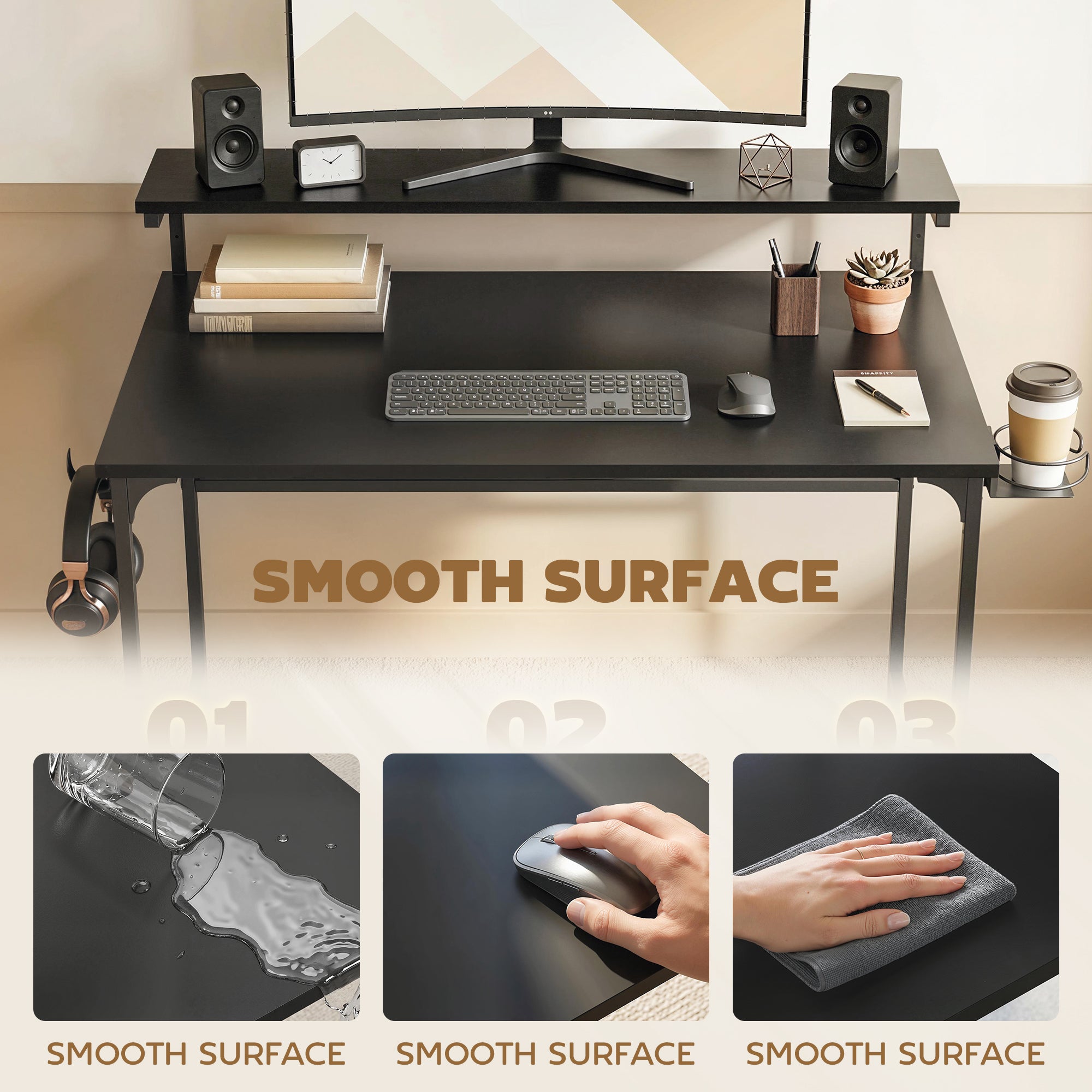 HOMCOM Computer Desk, 80cm Home Office Study Table with Hutch Shelf, Cup Holder, Headphone Hook, Black