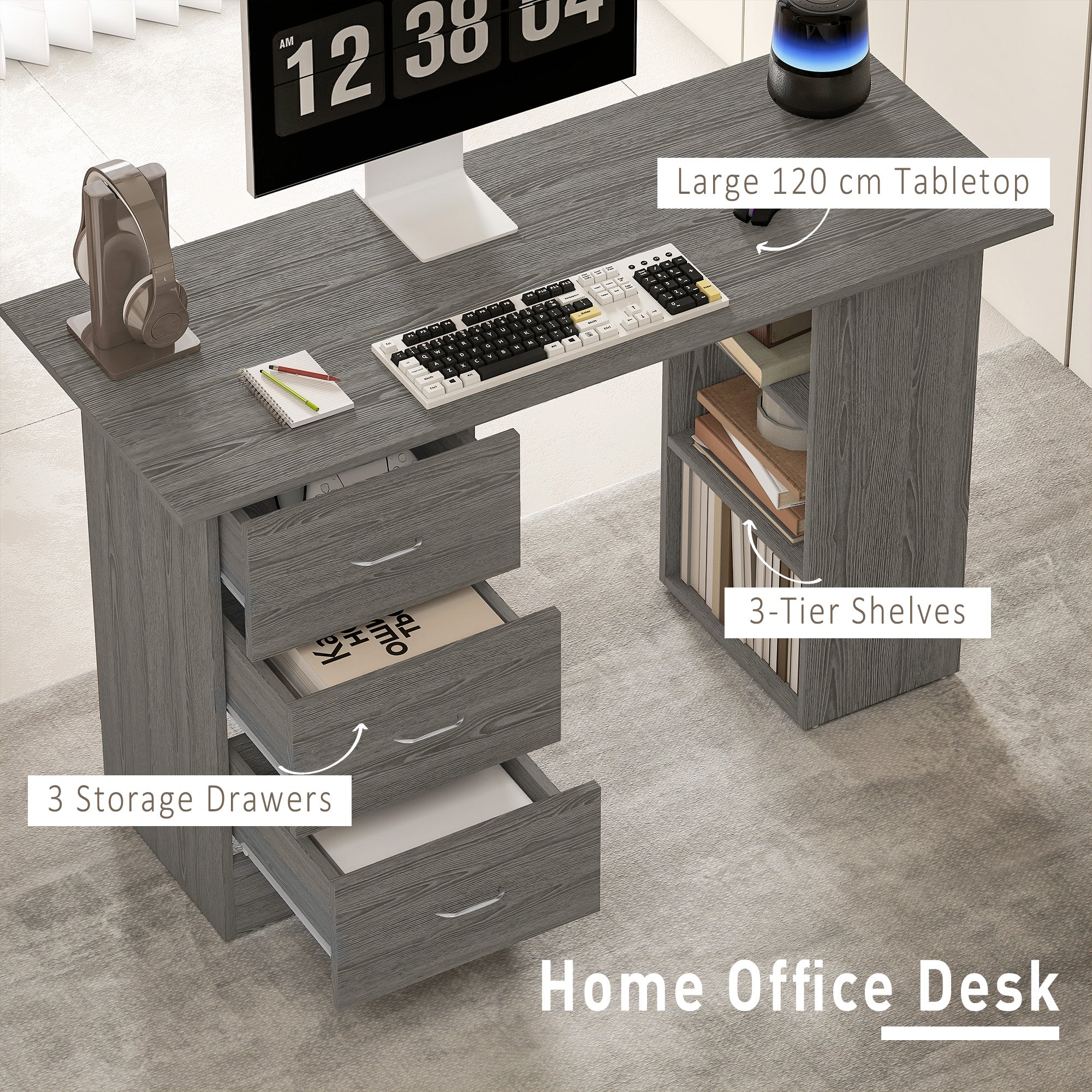 HOMCOM Computer Desk, Writing Table, PC Workstation with 3 Storage Shelves and Drawers, Silver Handle, for Home Office, Grey