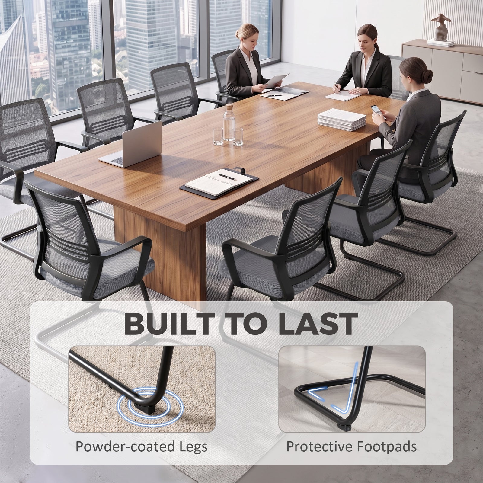 HOMCOM Padded Meeting Office Chair, Ergonomic Desk Chair No Wheels with Sled Base for Bedroom, Waiting, Reception, Dark Grey