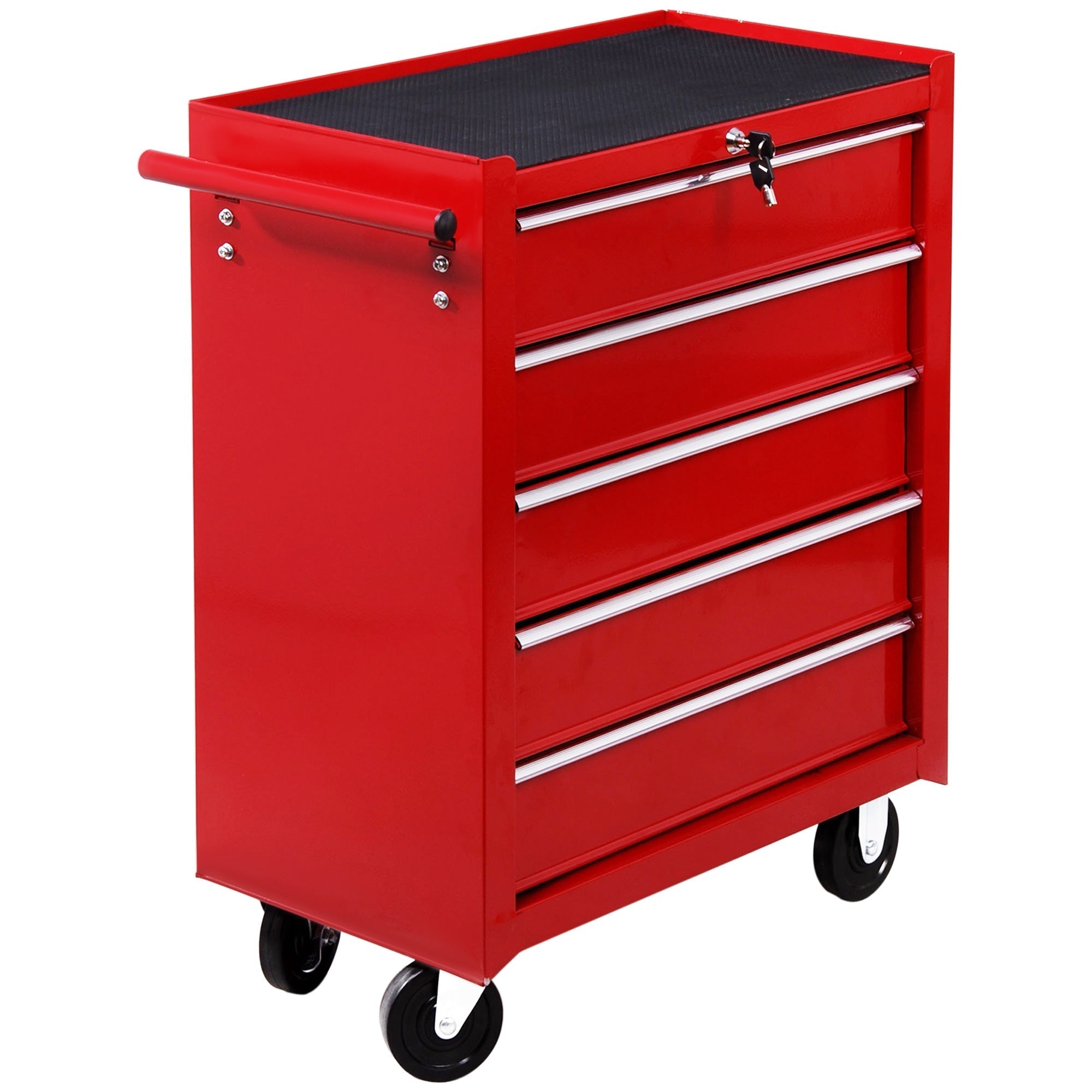 HOMCOM 5 Drawer Tool Chest on Wheels, Lockable Steel Tool Trolley with Side Handle for Workshop, Garage, Red