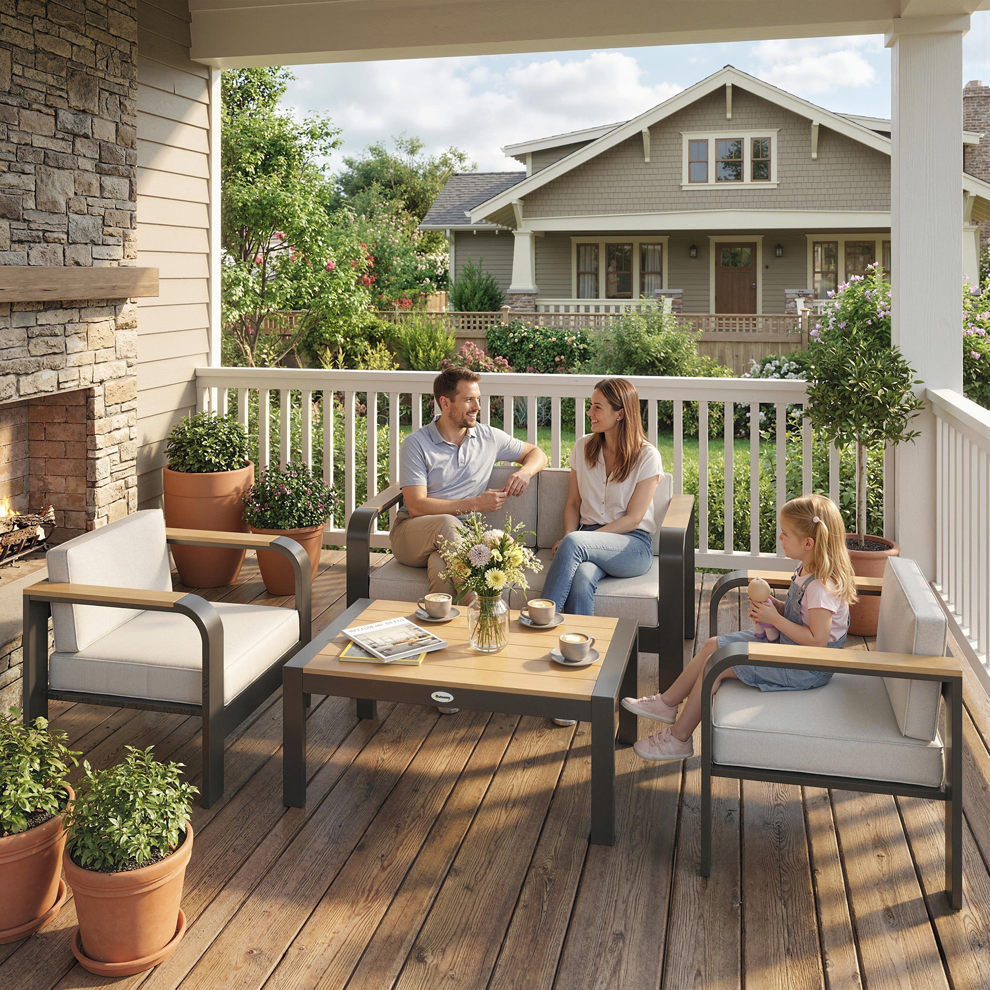 Outsunny 4 Seater Aluminium Garden Furniture Set, Olefin Cushions, Garden Sofa Set with Loveseat, Armchairs, Table, Beige