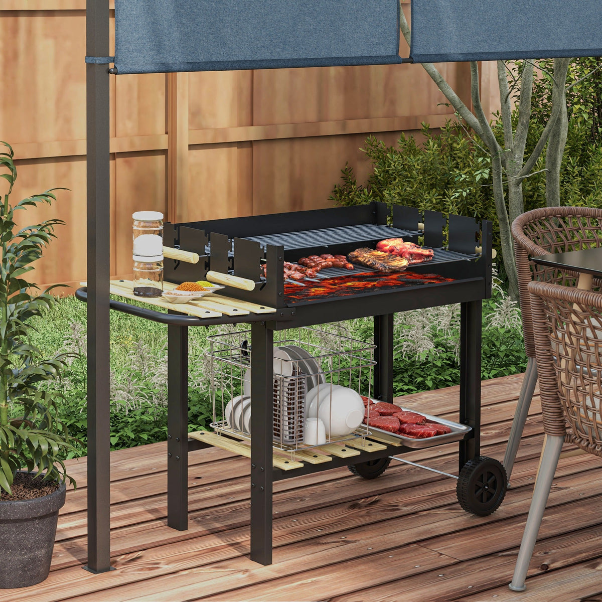 Outsunny Charcoal BBQ Grill, Barbecue Trolley with Double Adjustable Grill, Side Table, Storage Shelf and Wheels for Outdoor Garden Party Cooking, Black