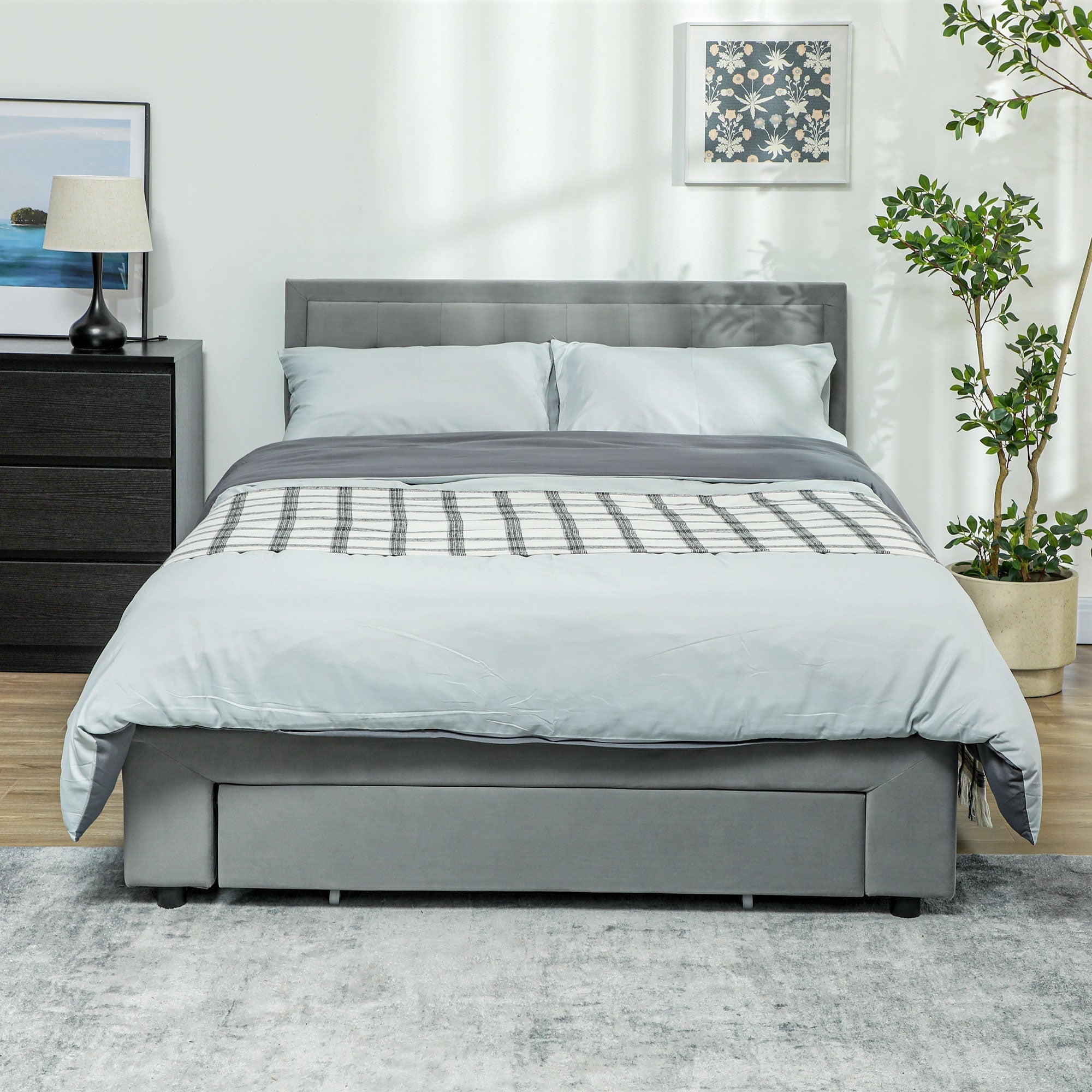 HOMCOM Double Size Ottoman Bed Frame 140W x 193.5D x 95Hcm with Front Drawer - Grey