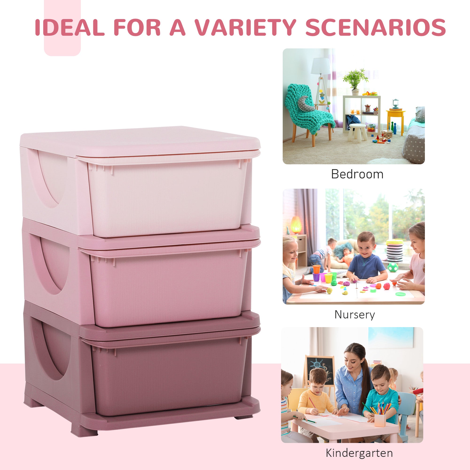 HOMCOM Kids Storage Units with 3 Drawers 3 Tier Chest Vertical Dresser Tower Toy Organiser for Nursery Playroom Kindergarten Pink