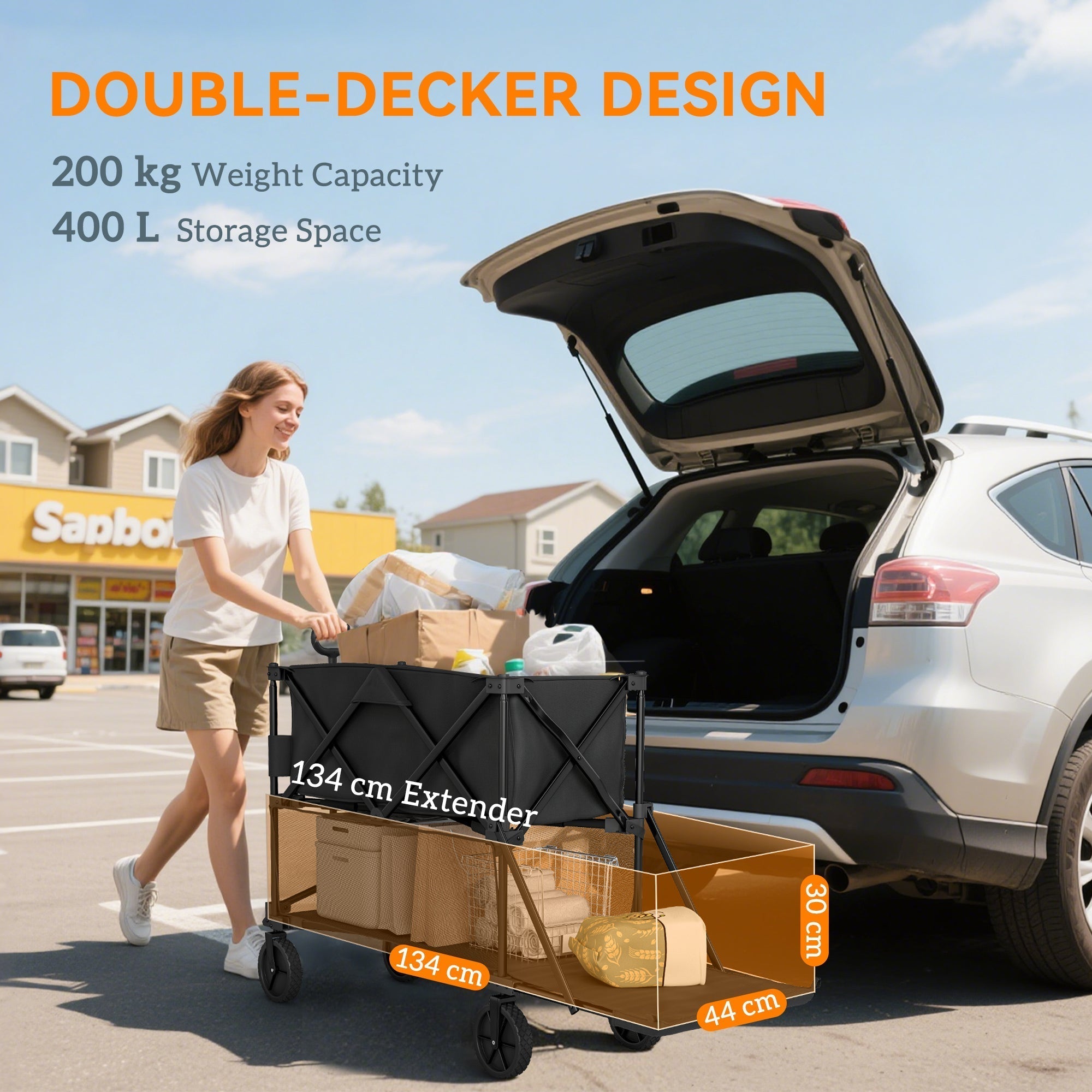 Outsunny Double Decker Folding Festival Trolley on Wheels, 200KG & 350L Capacity Collapsible Wagon Festival Trolley Cart with 134cm Extended for Camping Sports Shopping Garden and Beach, Black