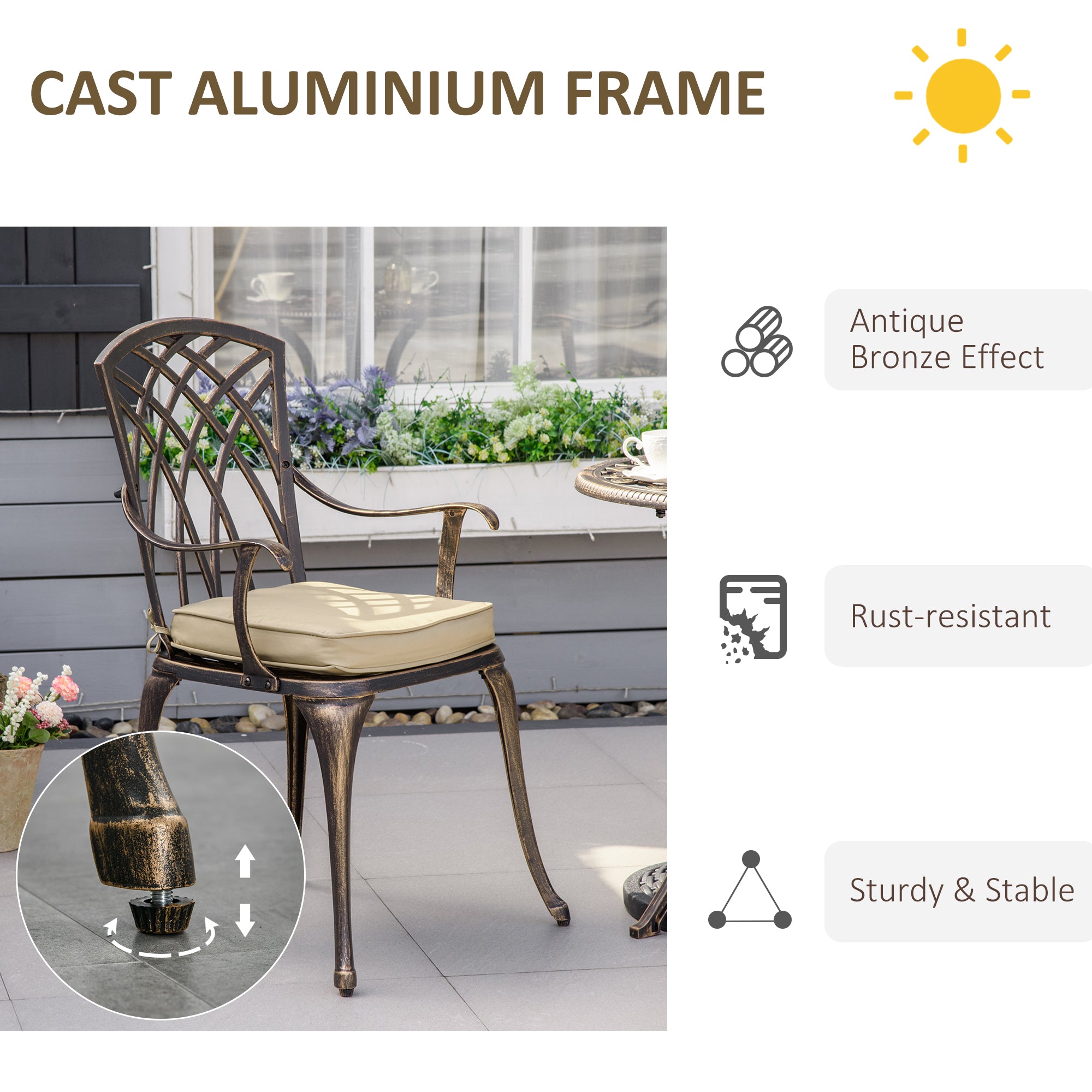 Outsunny 3pc Cast Aluminium Garden Bistro Set for 2 with Parasol Hole, Outdoor Coffee Table Set Rust Resistant with Cushions, Bronze