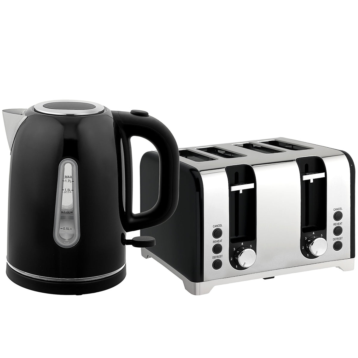 HOMCOM Kettle and Toaster Set, 1.7L 3000W Rapid Boil Jug Kettle with Otter Thermostat, Limescale Filter, 4 Slice Toaster with 7 Browning Controls, Crumb Tray, LED Strip, Black