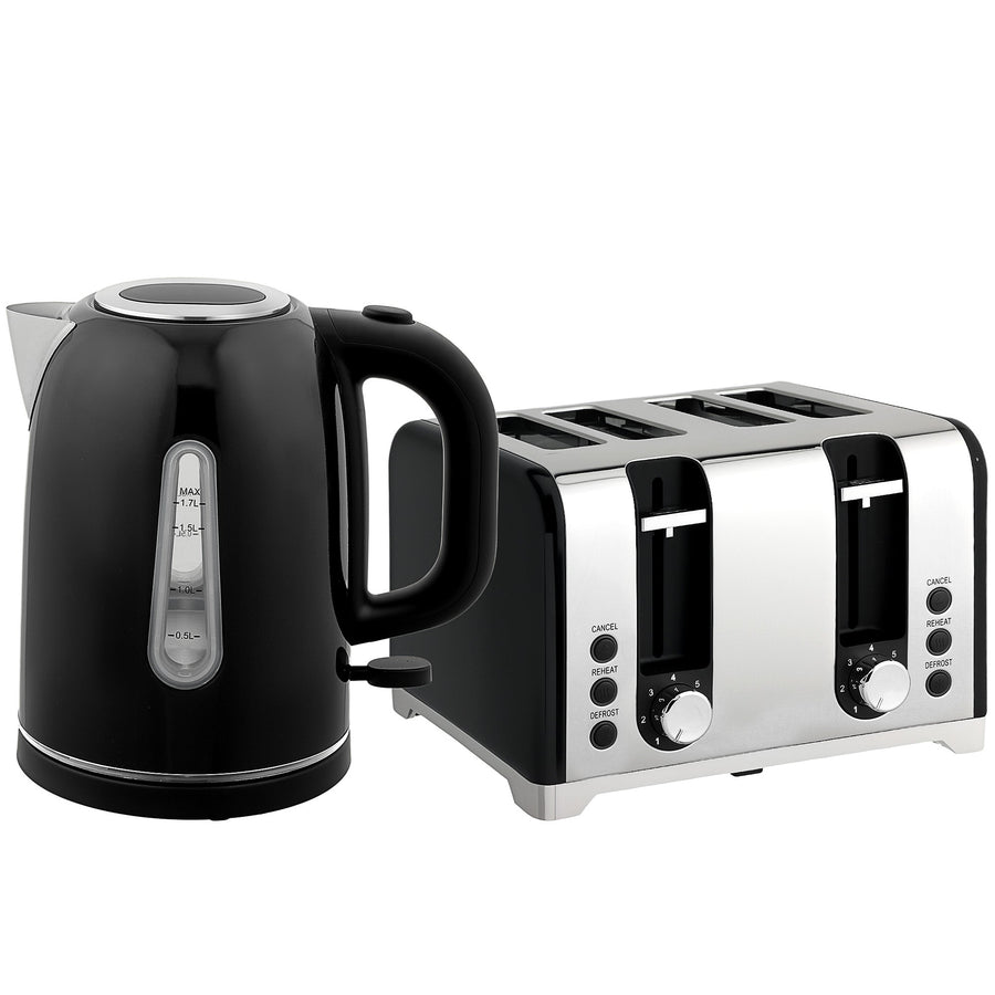 HOMCOM Kettle and Toaster Set, 1.7L 3000W Rapid Boil Jug Kettle with Otter Thermostat, Limescale Filter, 4 Slice Toaster with 7 Browning Controls, Crumb Tray, LED Strip, Black