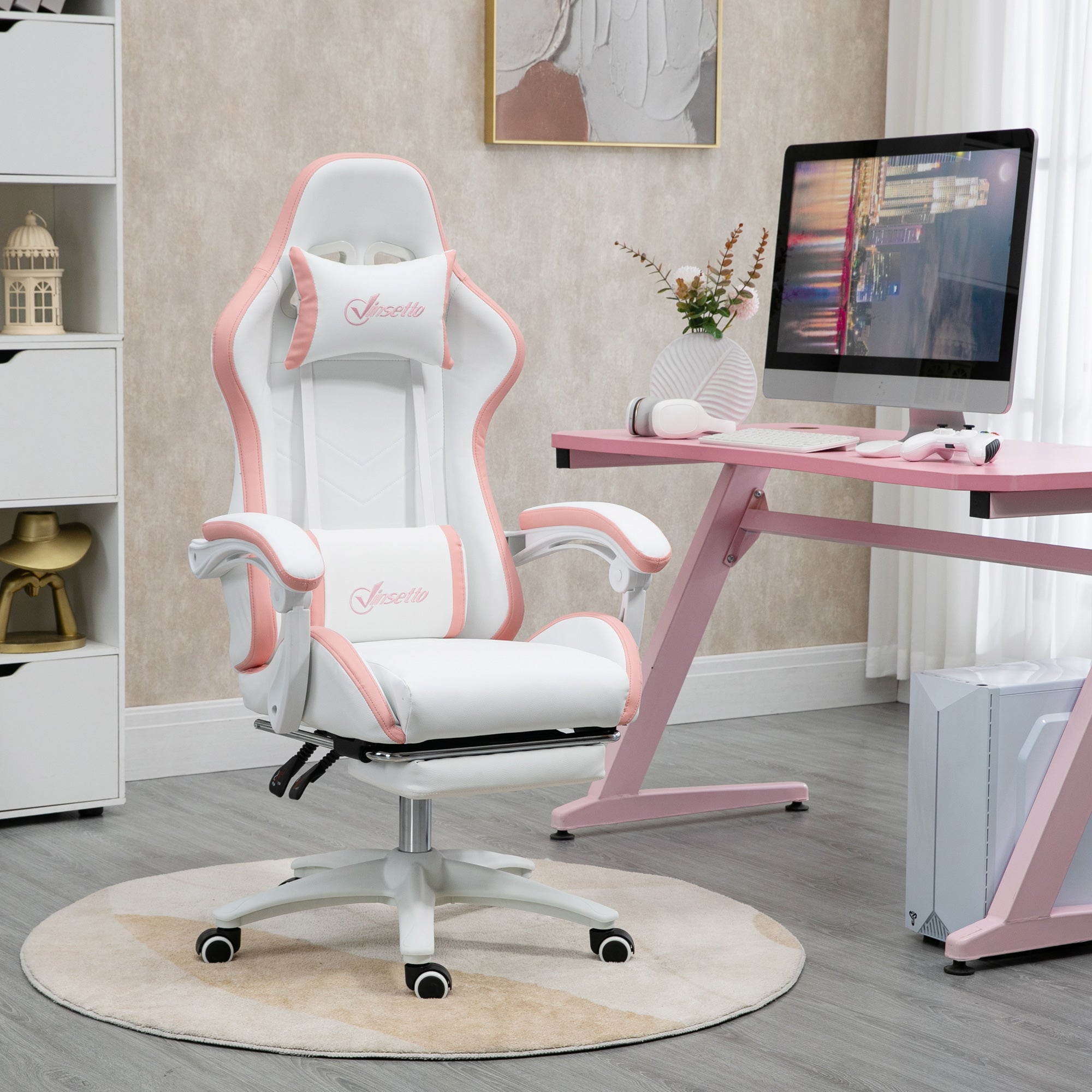 Vinsetto Computer Gaming Chair, PU Leather Office Desk Chair with Footrest, Swivel Wheels, 135 Reclining Back, Lumbar Support, Headrest for Home, White and Pink