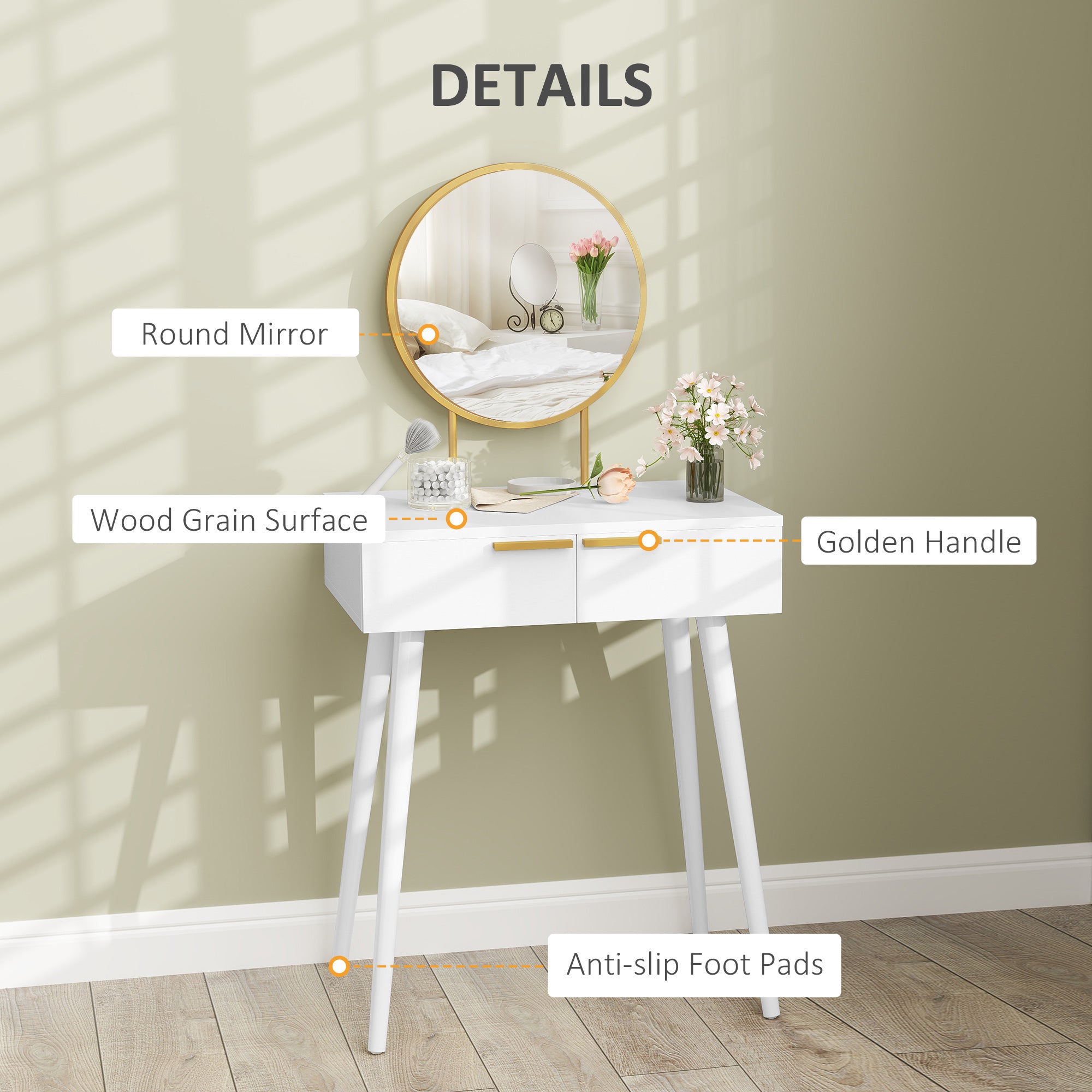 HOMCOM Elegant Dressing Table, with Round Mirror, 60 x 40 x 123 cm - White