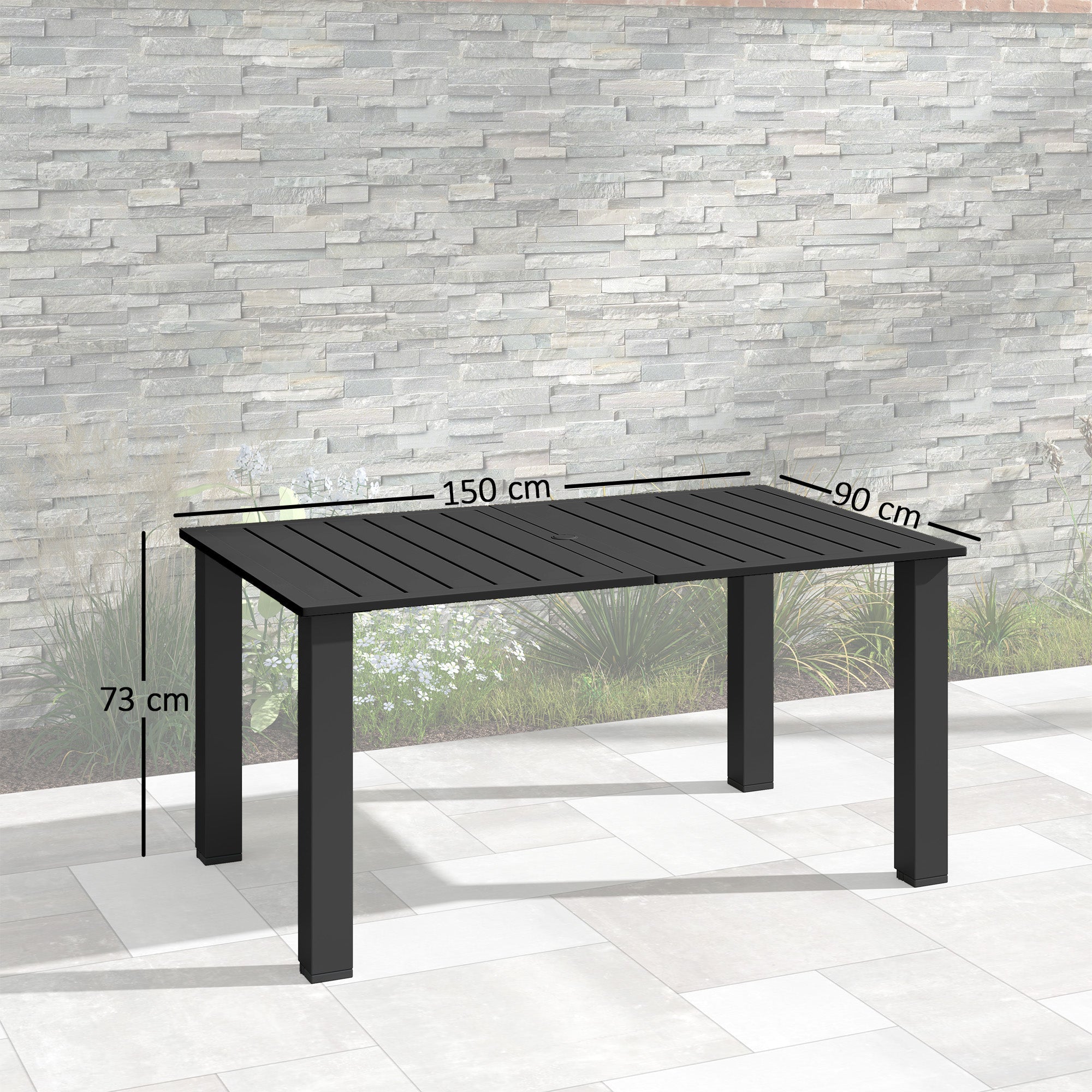 Outsunny Garden Dining Table for 6 with Parasol Hole, Rectangle Outdoor Garden Table with Slatted Metal Top, Steel Frame, Black