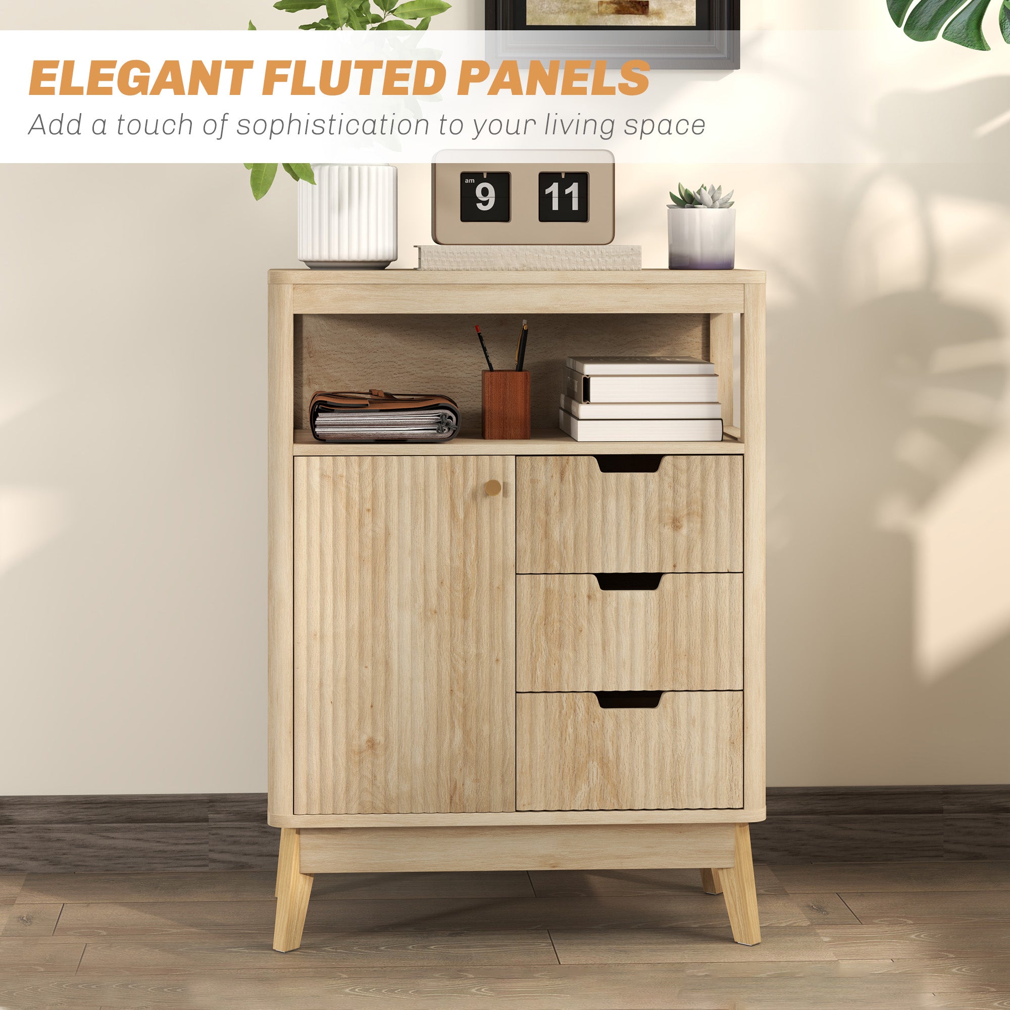 HOMCOM Small Sideboard with Drawers and Adjustable Shelf - Nature Wood Finish