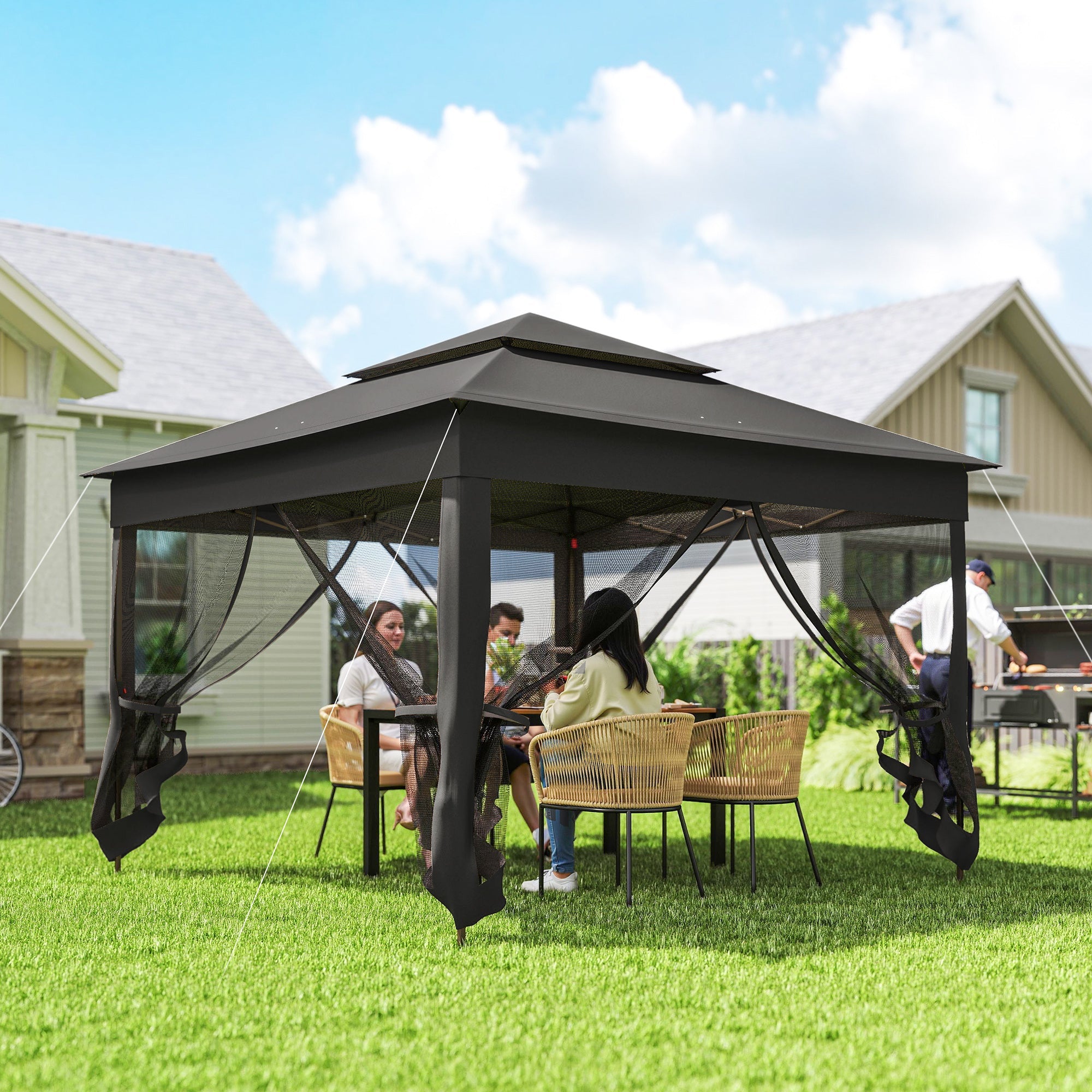 Outsunny 3 x 3(m) Pop Up Gazebo, Double-roof Garden Tent with Netting and Carry Bag, Party Event Shelter, Black
