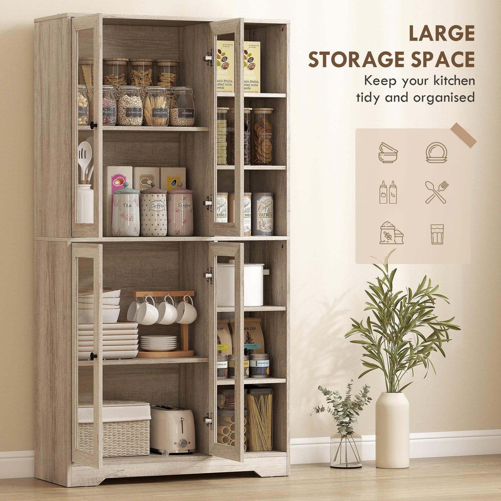HOMCOM Multi-Storage Kitchen Cabinet, with Glass Doors - Grey Wood-Effect
