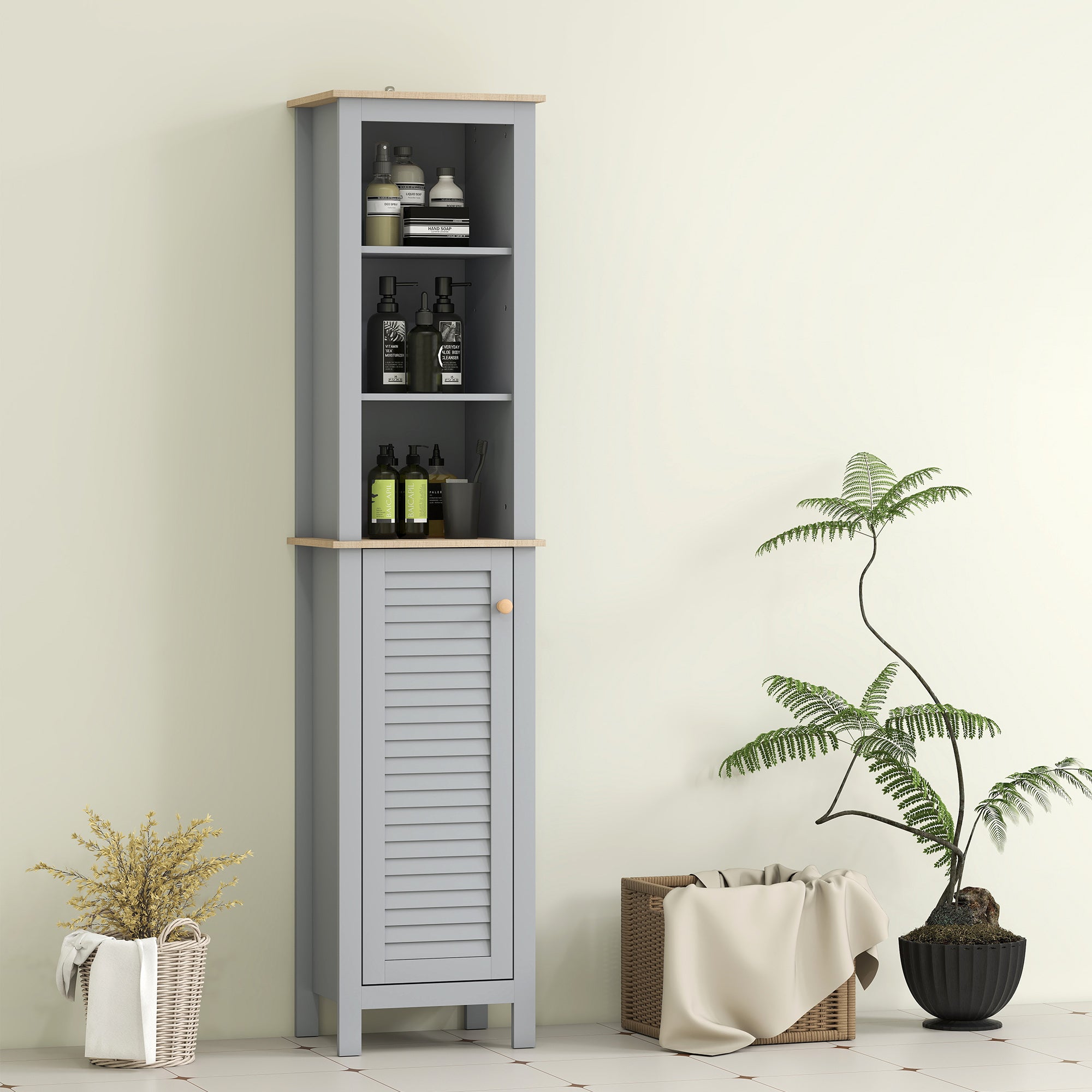 kleankin Bathroom Floor Storage Cabinet with 3 Tier Shelf and Cupboard with Door, Free Standing Linen Tower, Tall Slim Side Organizer Shelves, Grey