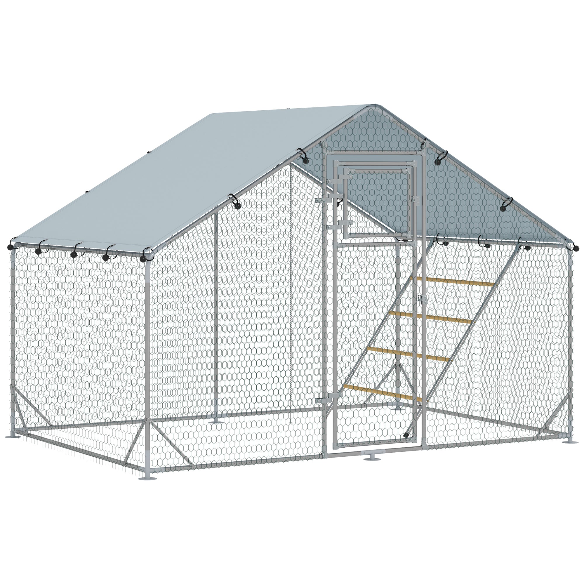 PawHut Walk-in Chicken Run w/ Cover, Feeding Door, Hanging Feeder, Perch, for 6-8 Poultry
